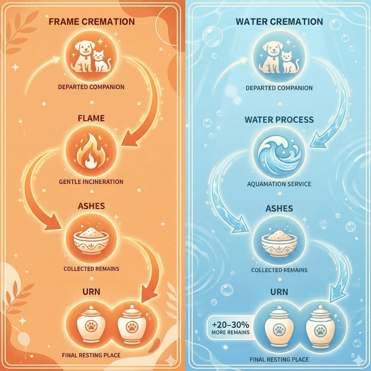 Comparison of pet cremation vs aquamation process showing flame and water-based methods
