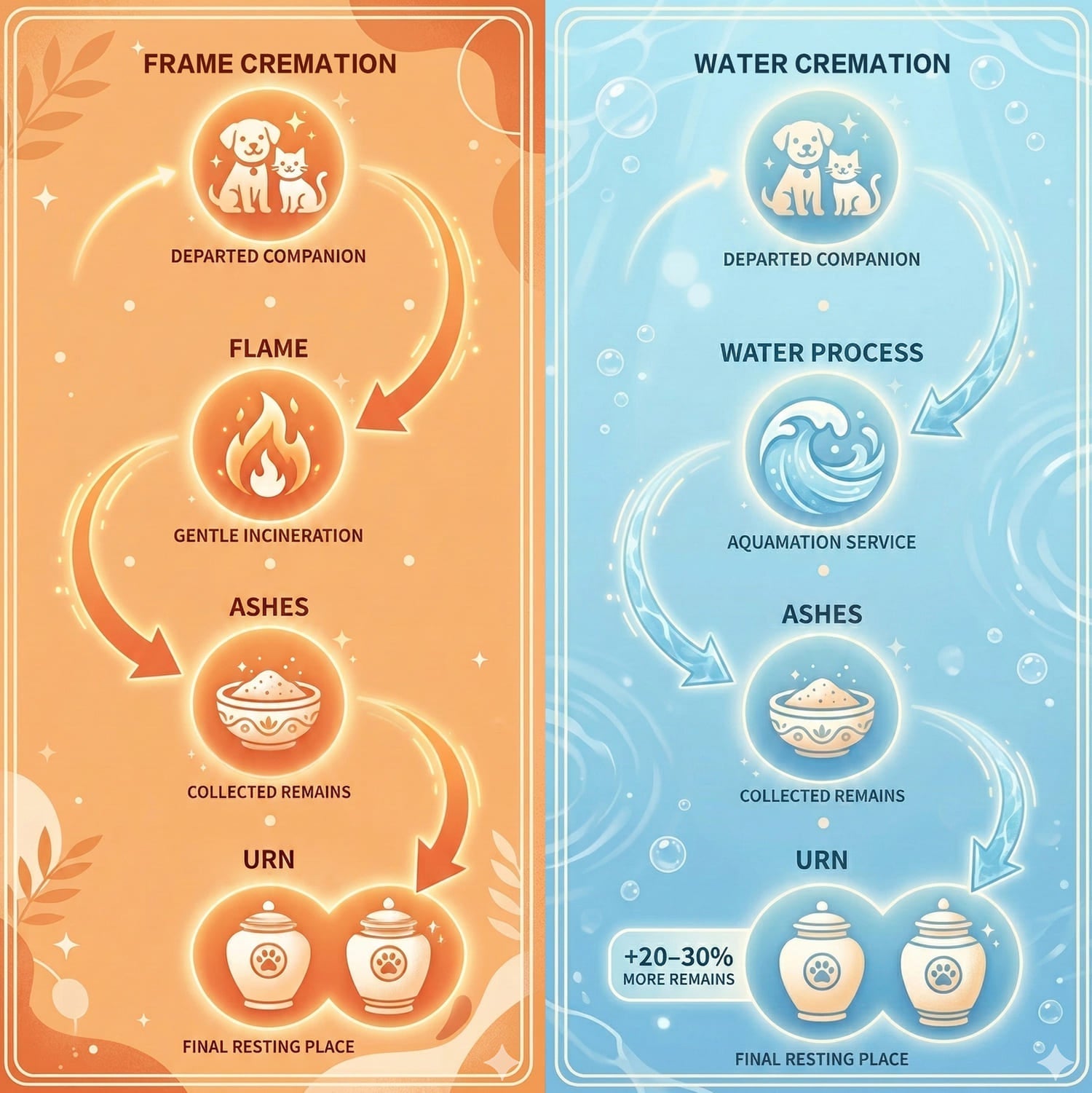 Comparison of pet cremation vs aquamation process showing flame and water-based methods