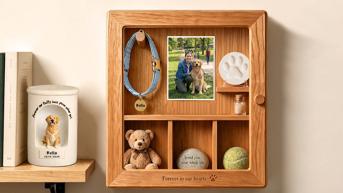 Pet memorial shelf featuring a photo, personalized urn, and meaningful keepsakes