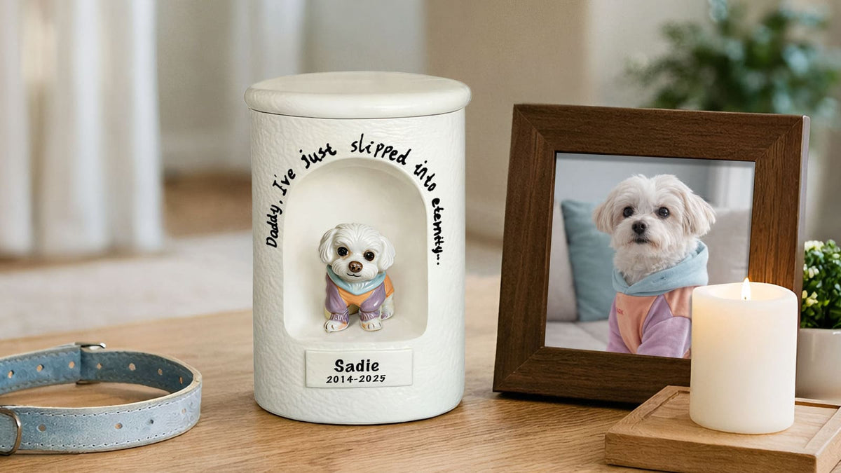 Pet urn displayed with a framed photo, candle, and keepsakes in a peaceful home