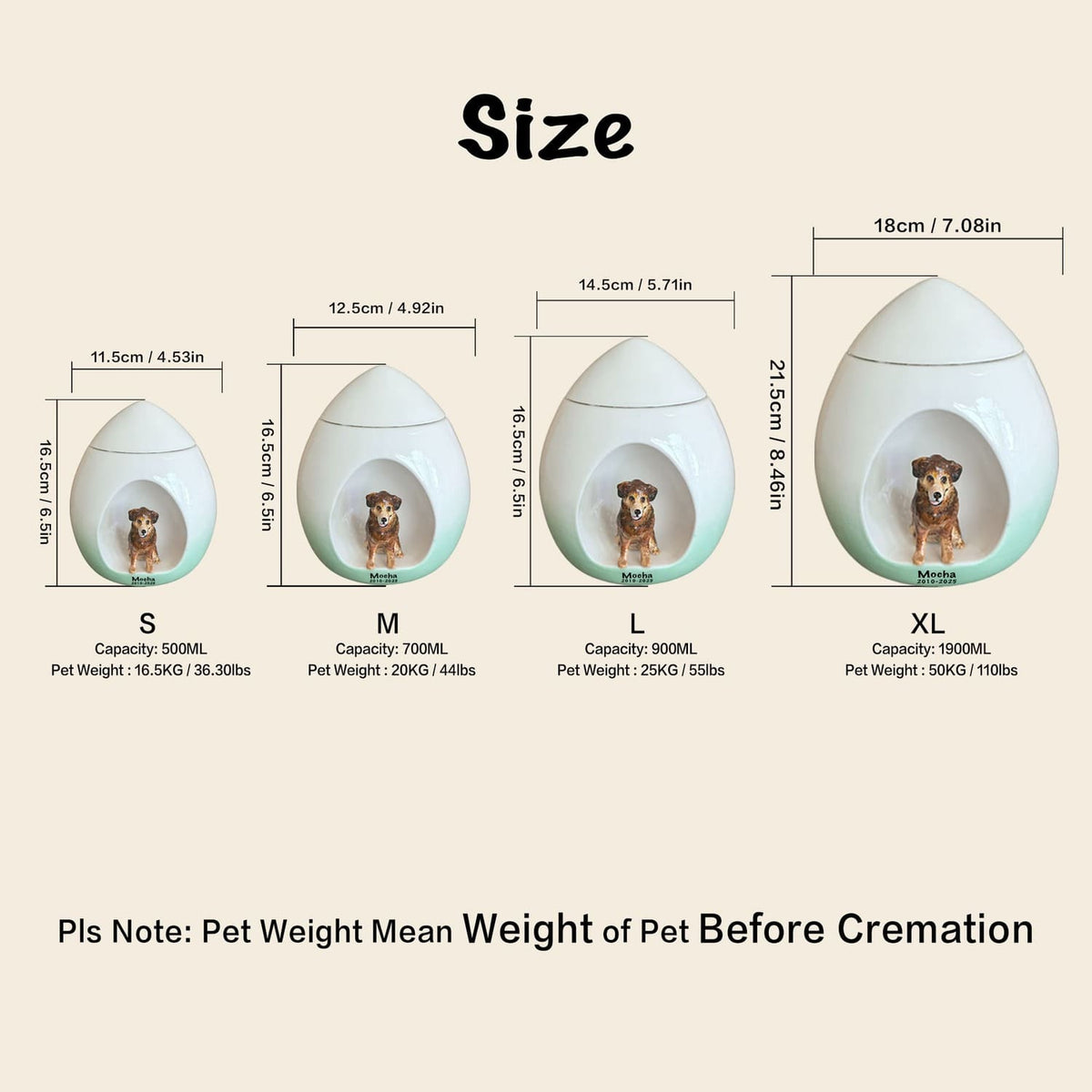 Urn size chart showing recommended capacity for a 50 lb dog