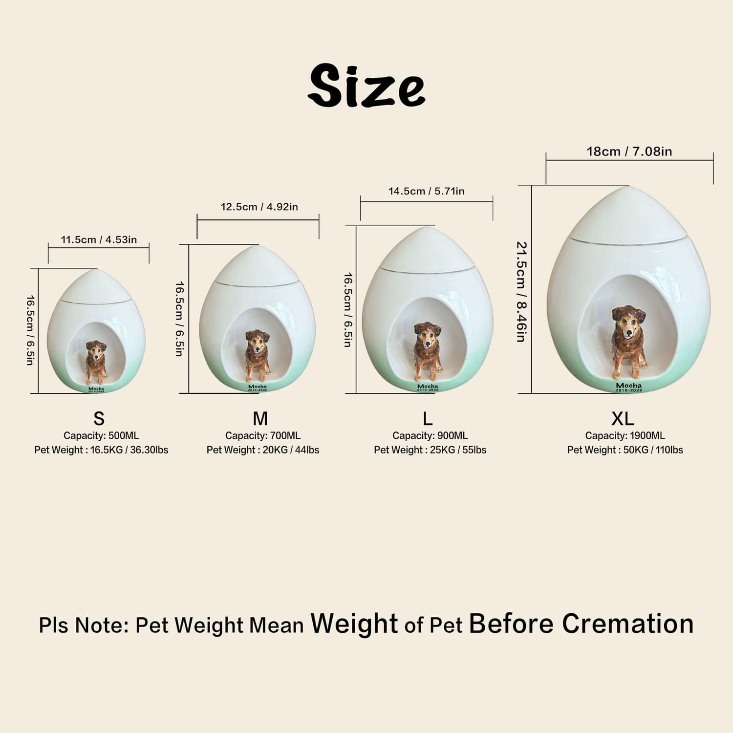 Urn size chart showing recommended capacity for a 50 lb dog