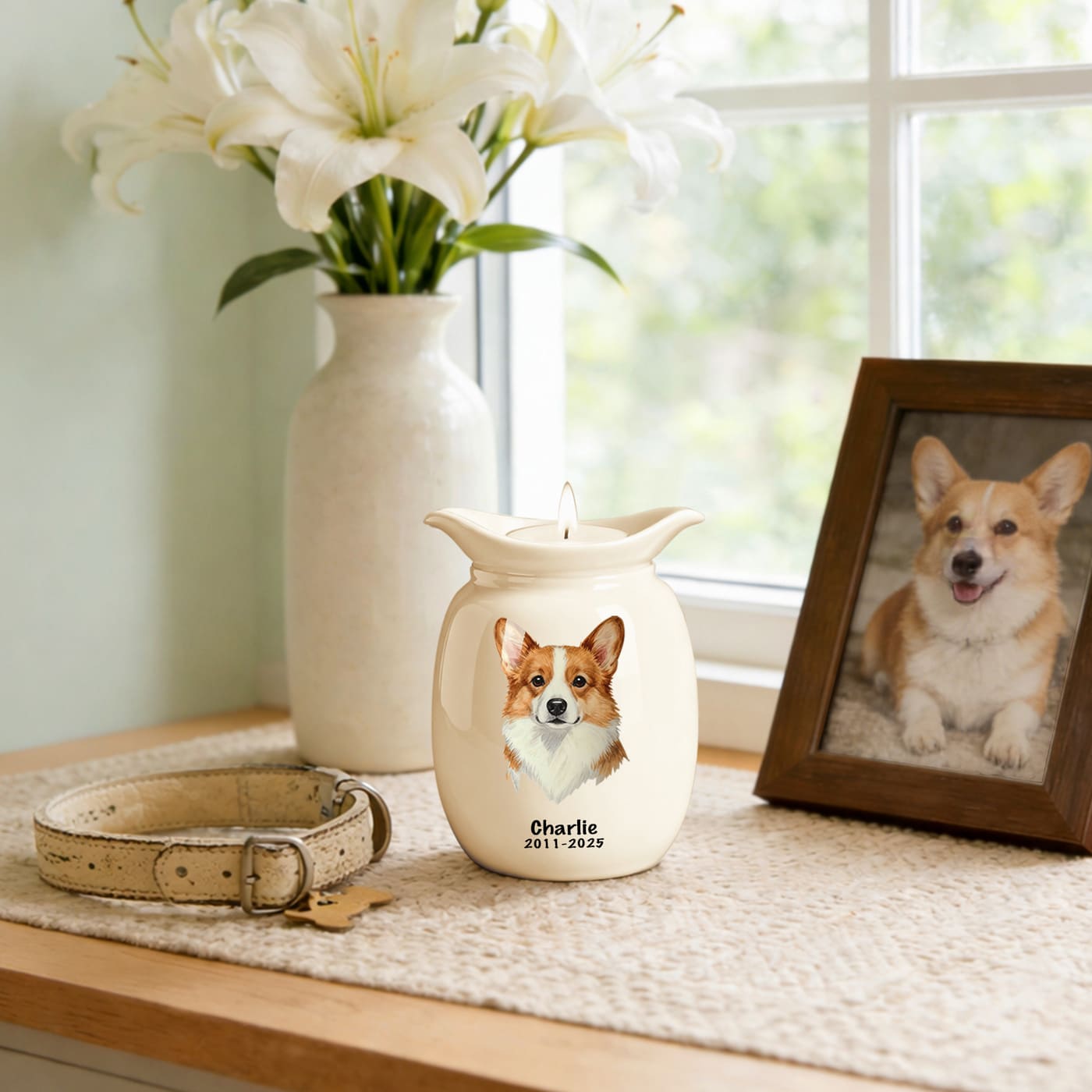 Pet urn in soft natural light creating a peaceful and quiet memorial moment