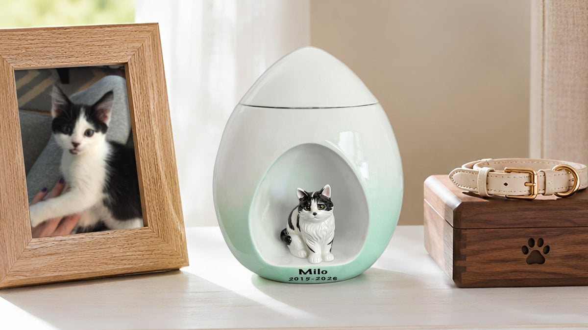 Personalized ceramic pet urn displayed with a framed photo in a cozy home