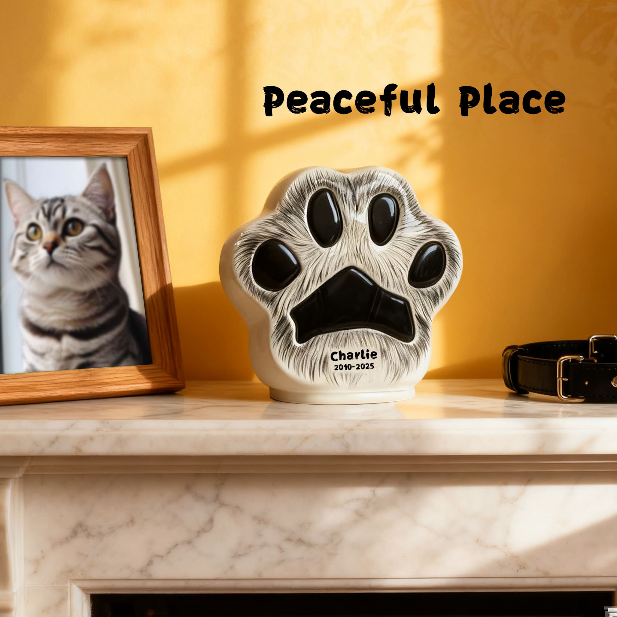 Personalized cat urn with engraved paw print, Charlie name and dates, by photo frame
