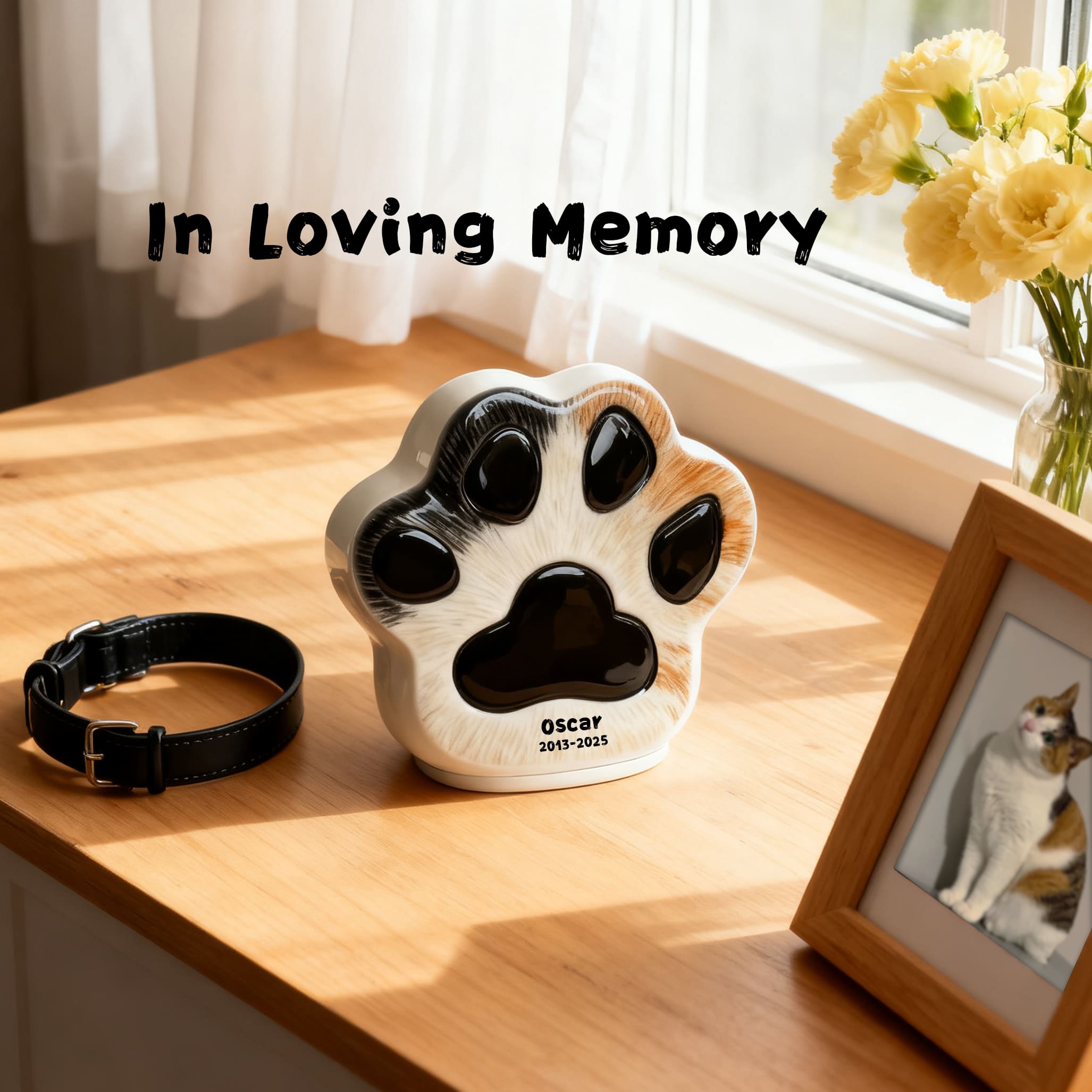 Personalized cat urn with engraved paw print, name and dates, on tabletop display