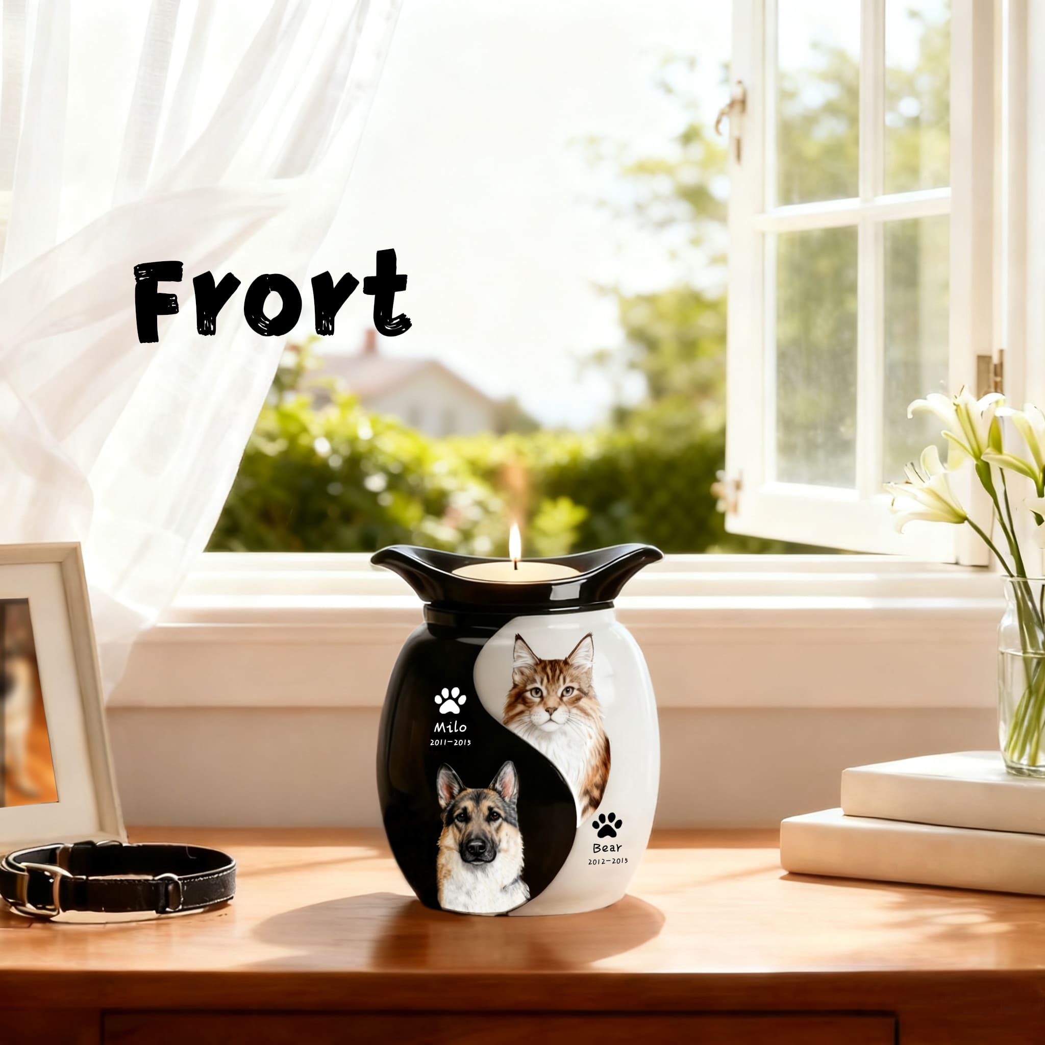Double pet urn with two pet portraits and paw prints, black-and-white ceramic, lit candle.