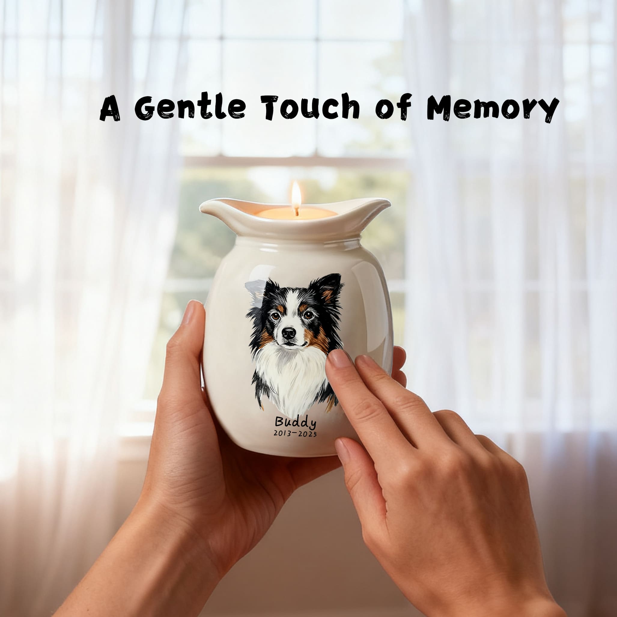 White ceramic memorial urn with candle; front dog portrait with name and dates
