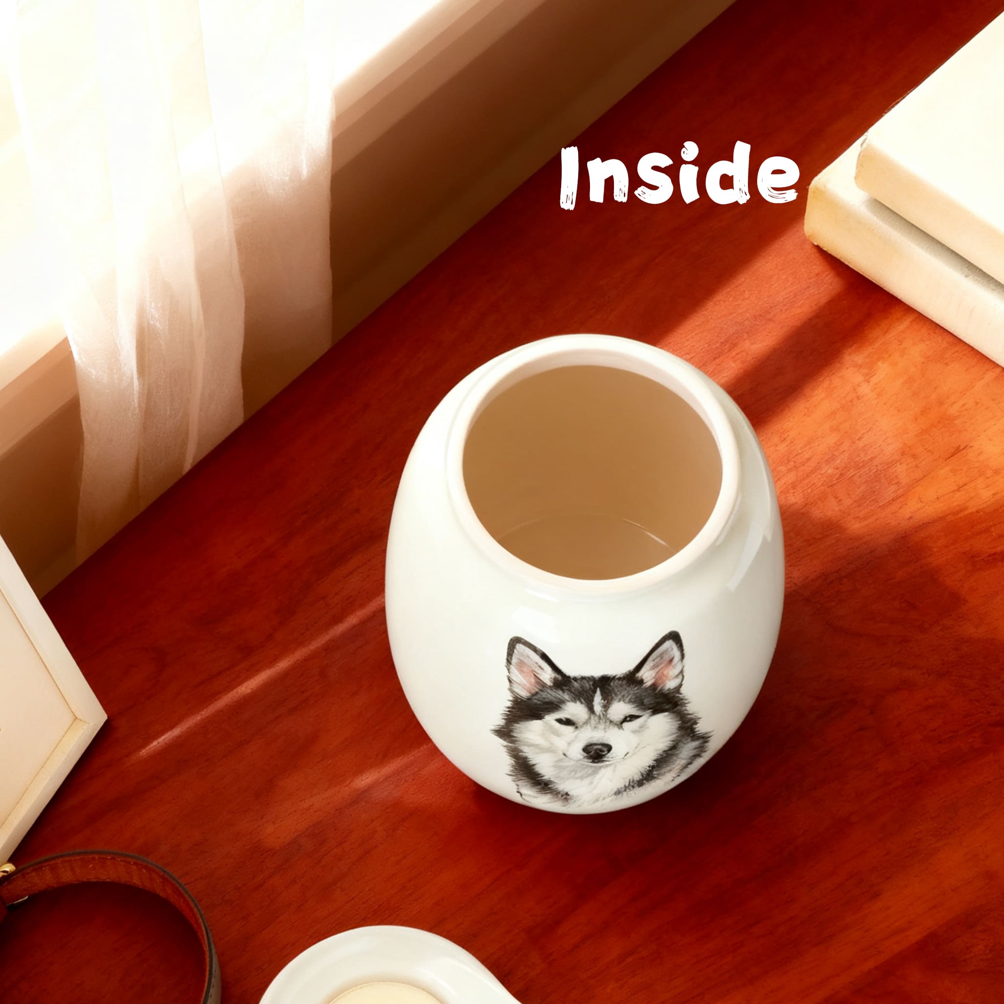 White ceramic dog urn candle holder top opening with husky portrait on front