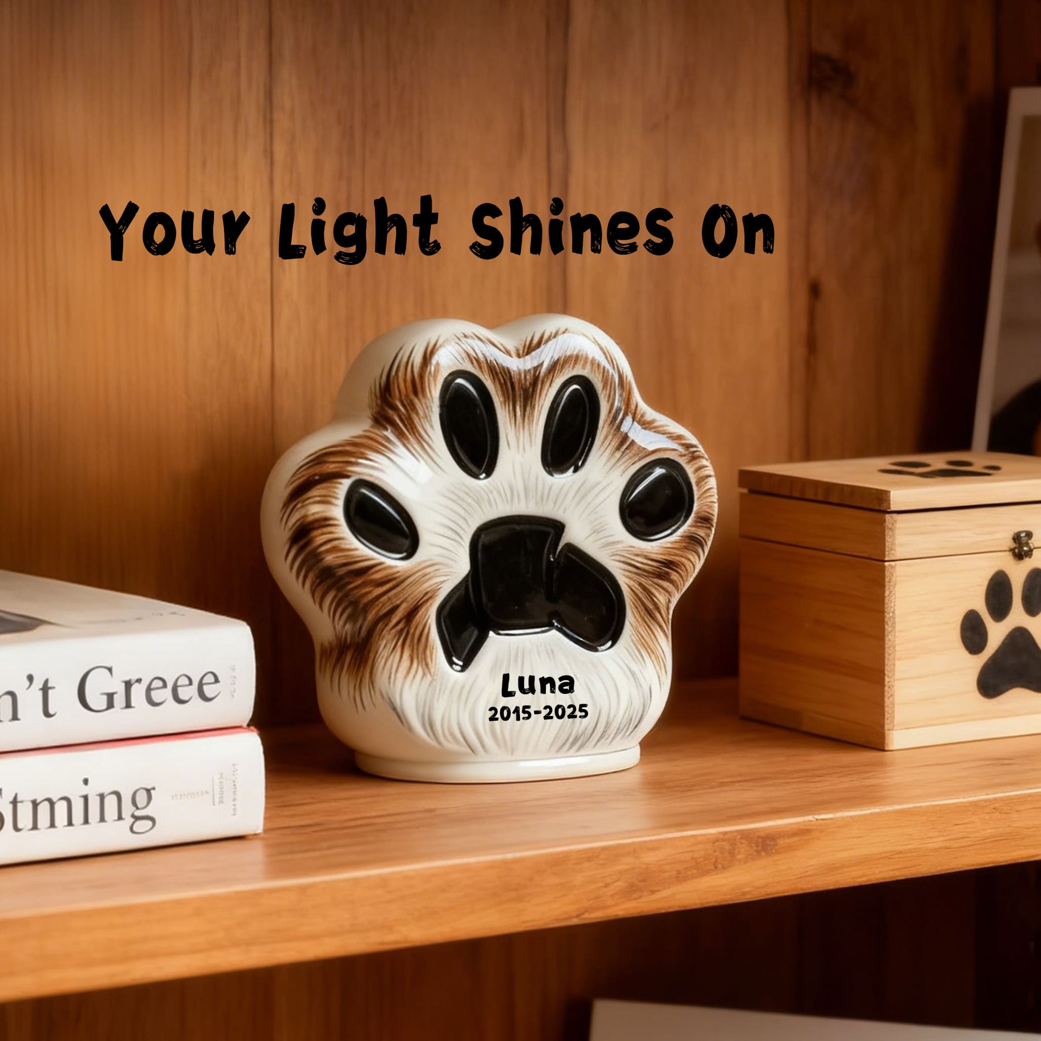 Personalized cat urn with engraved paw print, Luna name and dates, white ceramic