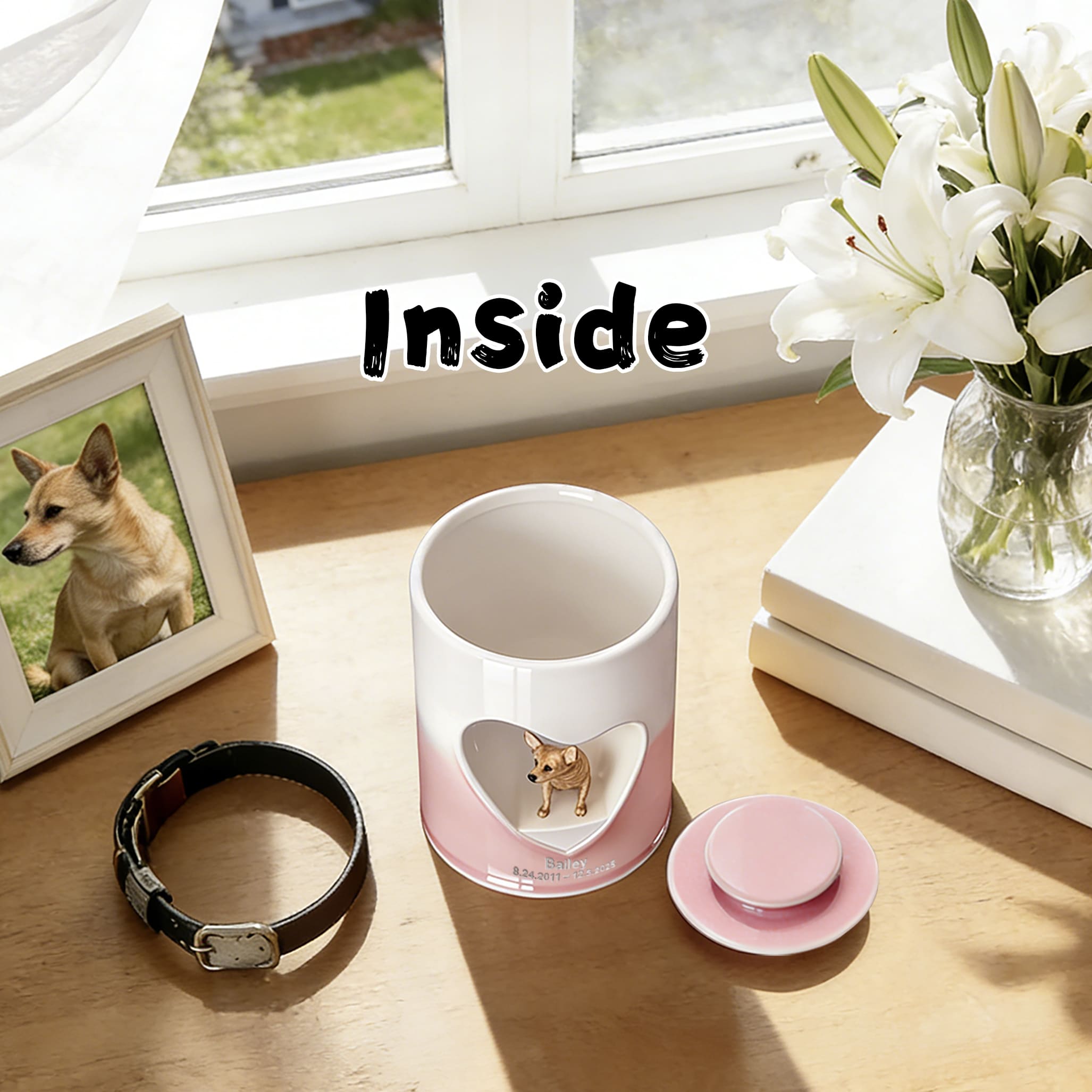 Dog memorial urn with heart window and dog figurine; round lid placed beside it
