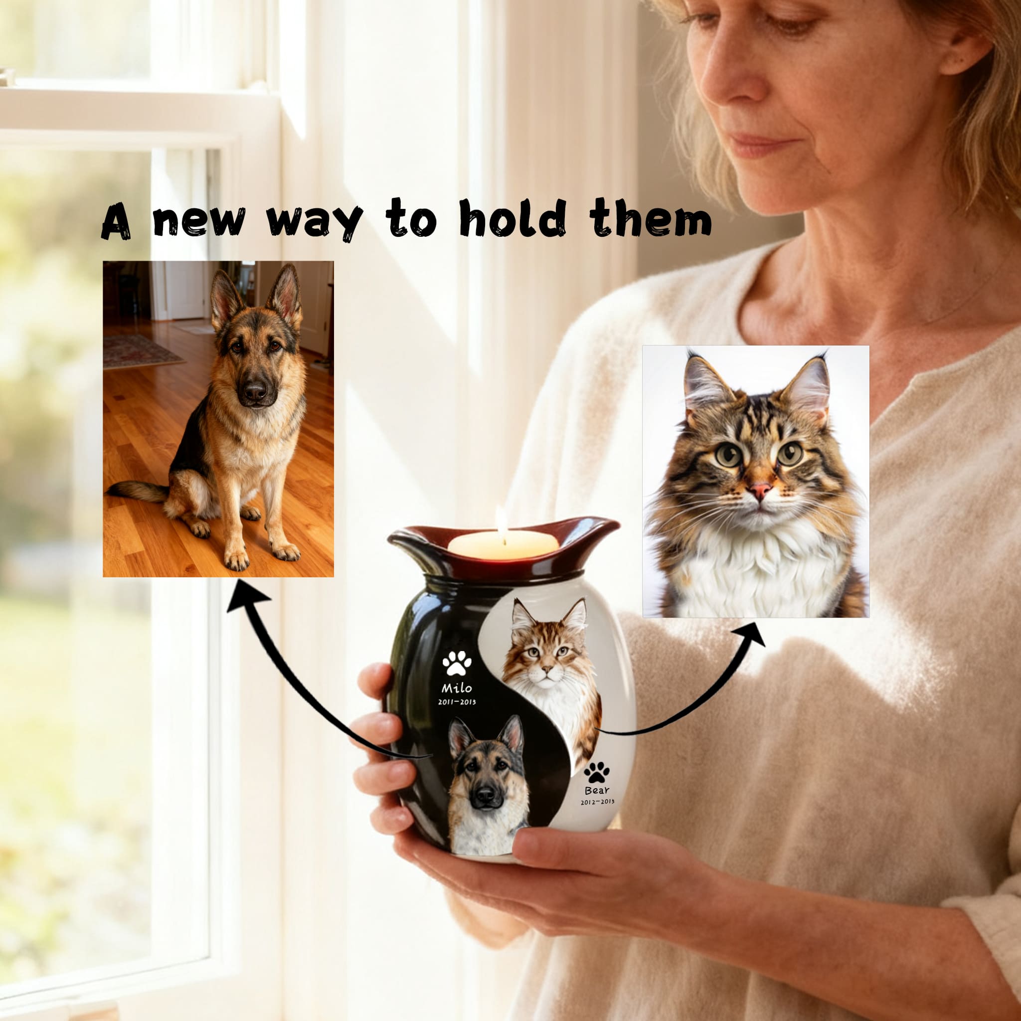 Person holding black-and-white double pet urn with two pet photos and lit candle