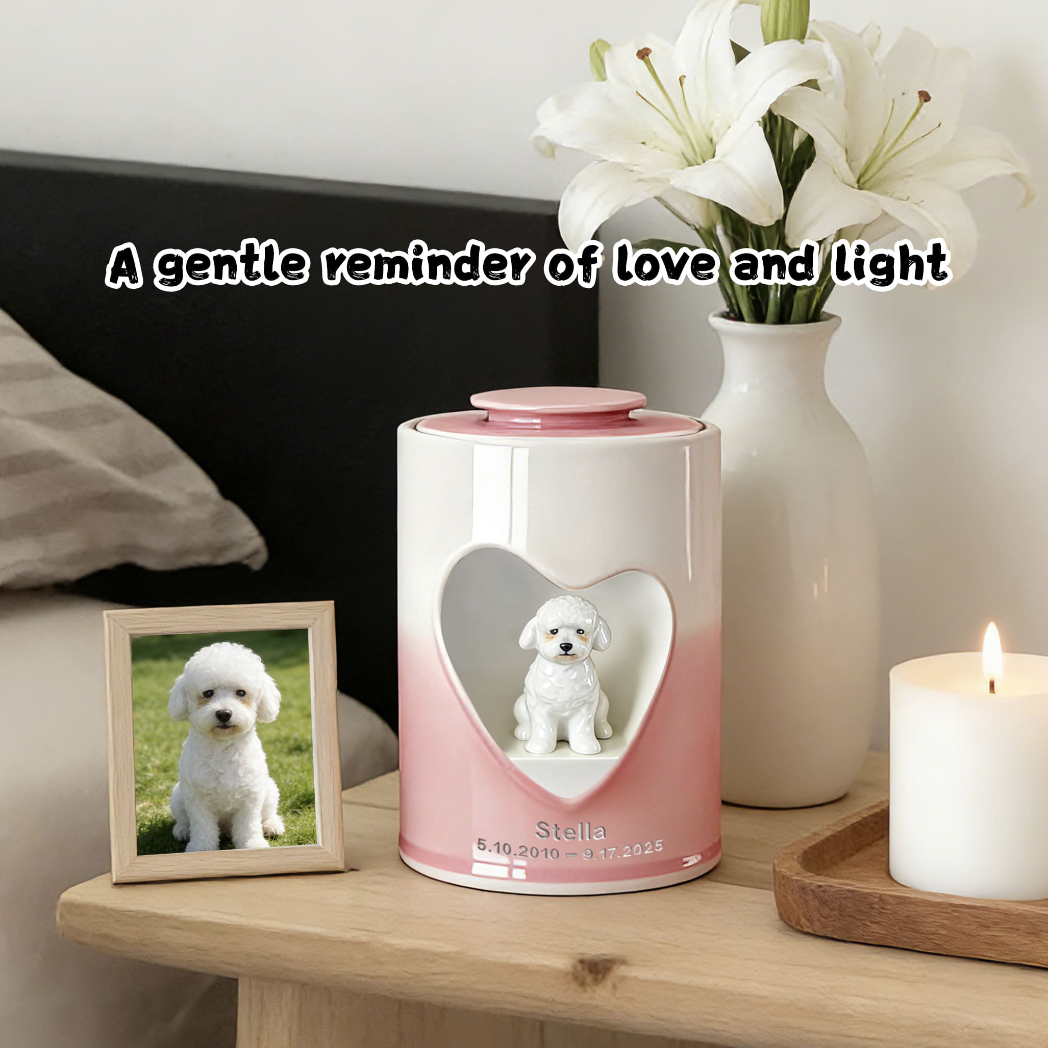 Dog cremation urn with heart cutout and white dog figurine, pink-and-white cylinder lid