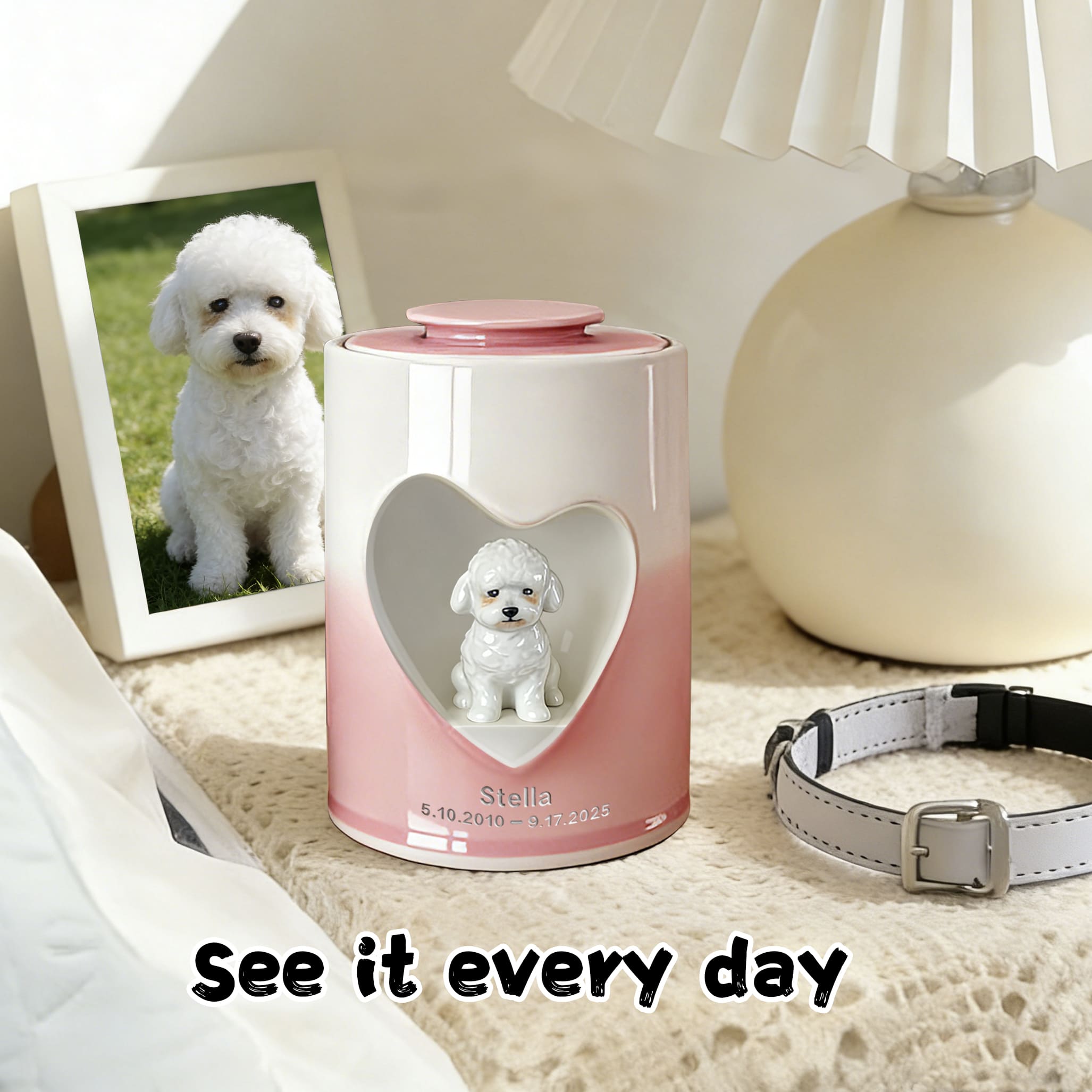Pink and white dog urn with heart window showing white dog figurine