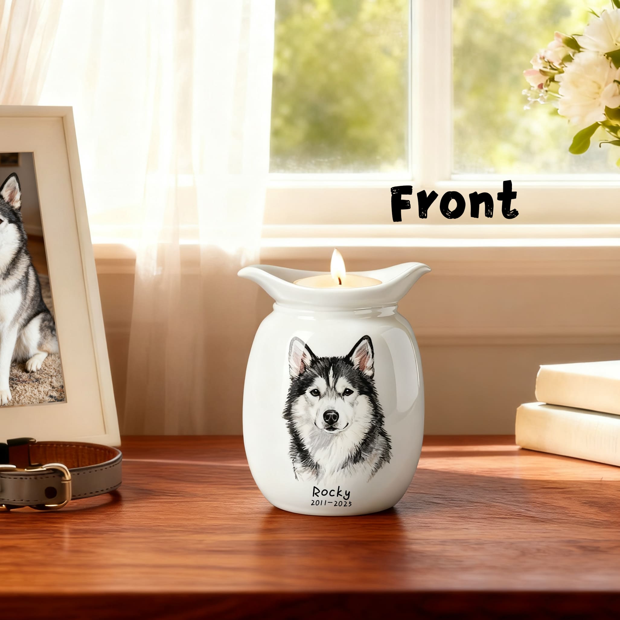 White ceramic dog urn candle holder with front husky portrait and name/date text