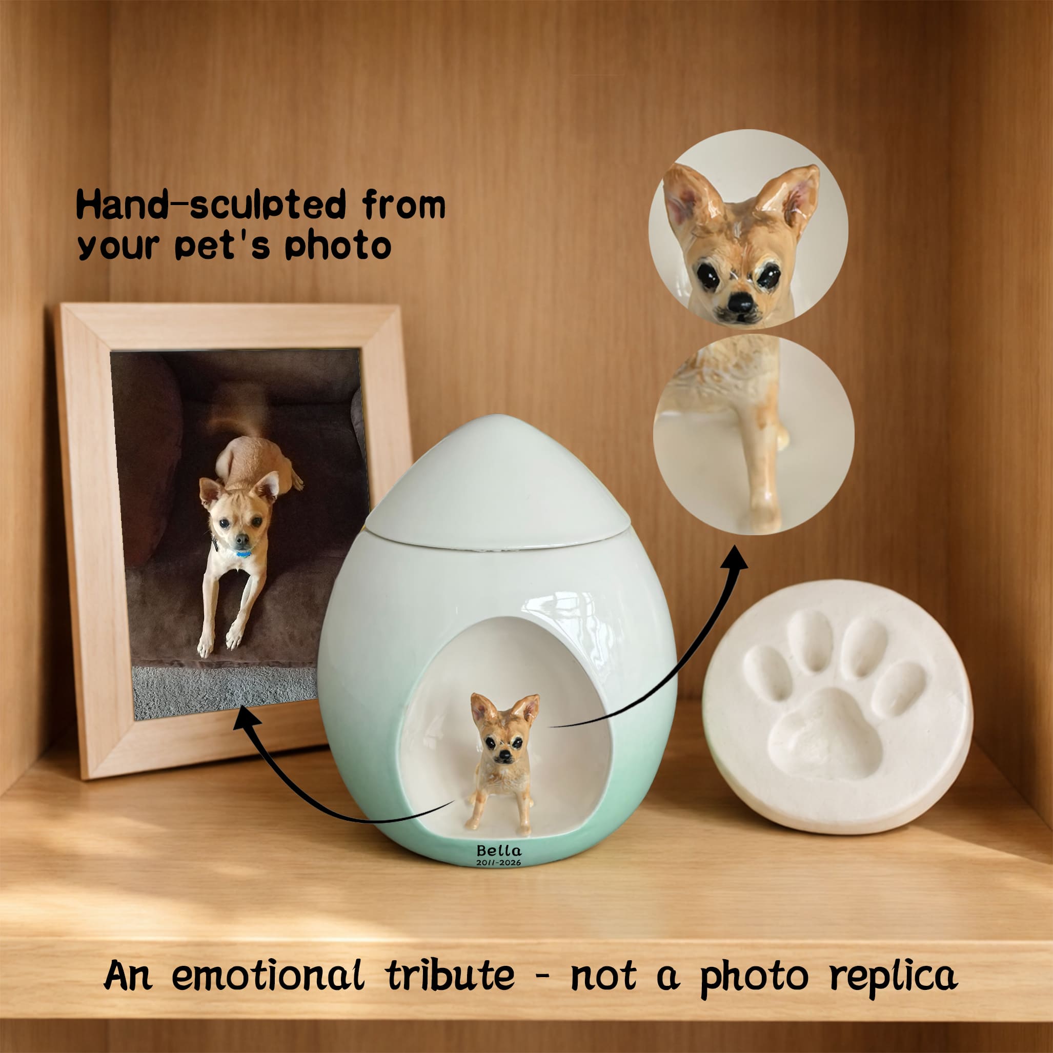 Personalized dog urn with mint-and-white shell, sculpted dog figure, and paw-shaped base