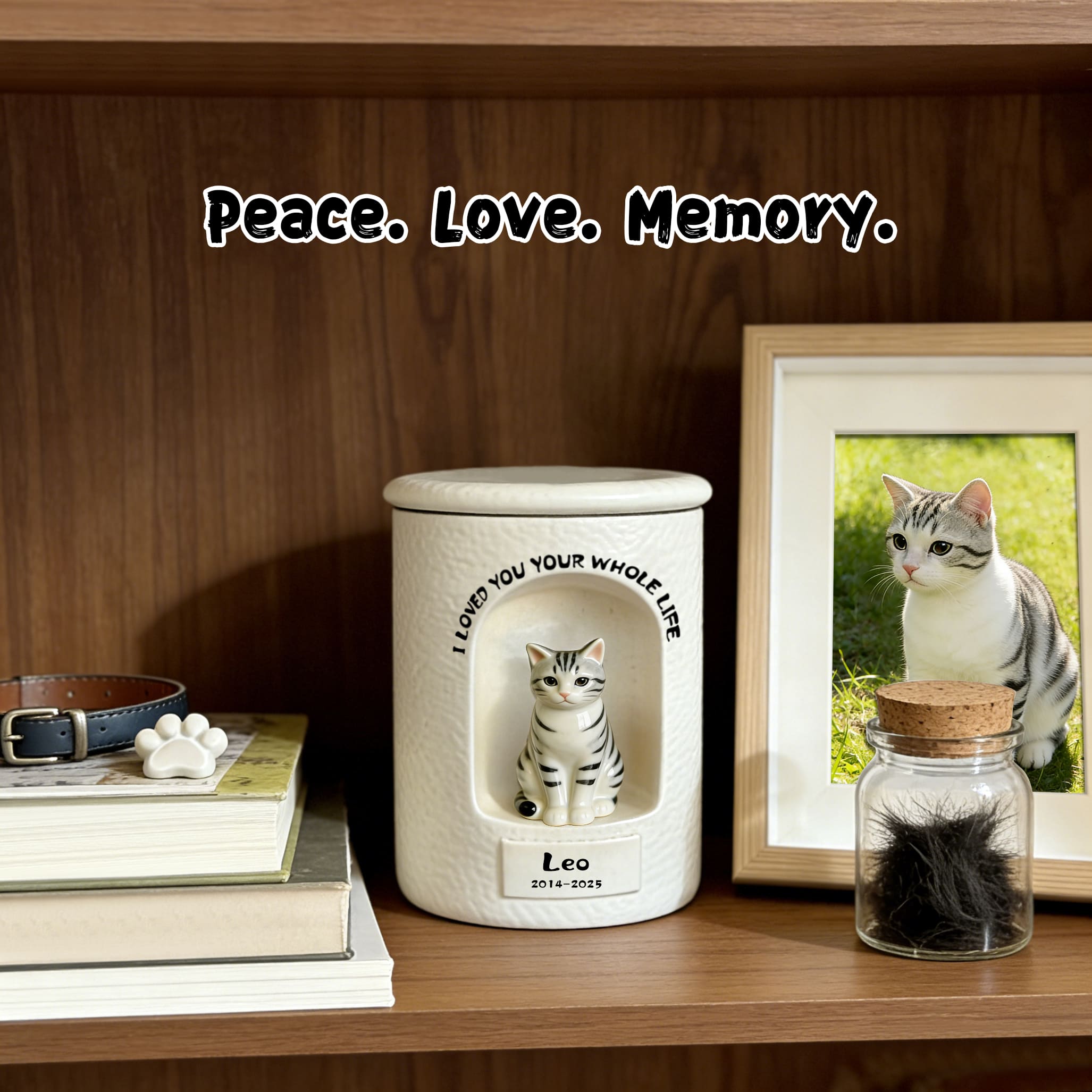 Ceramic cat memorial urn with sculpted cat figurine and engraved memorial text on front