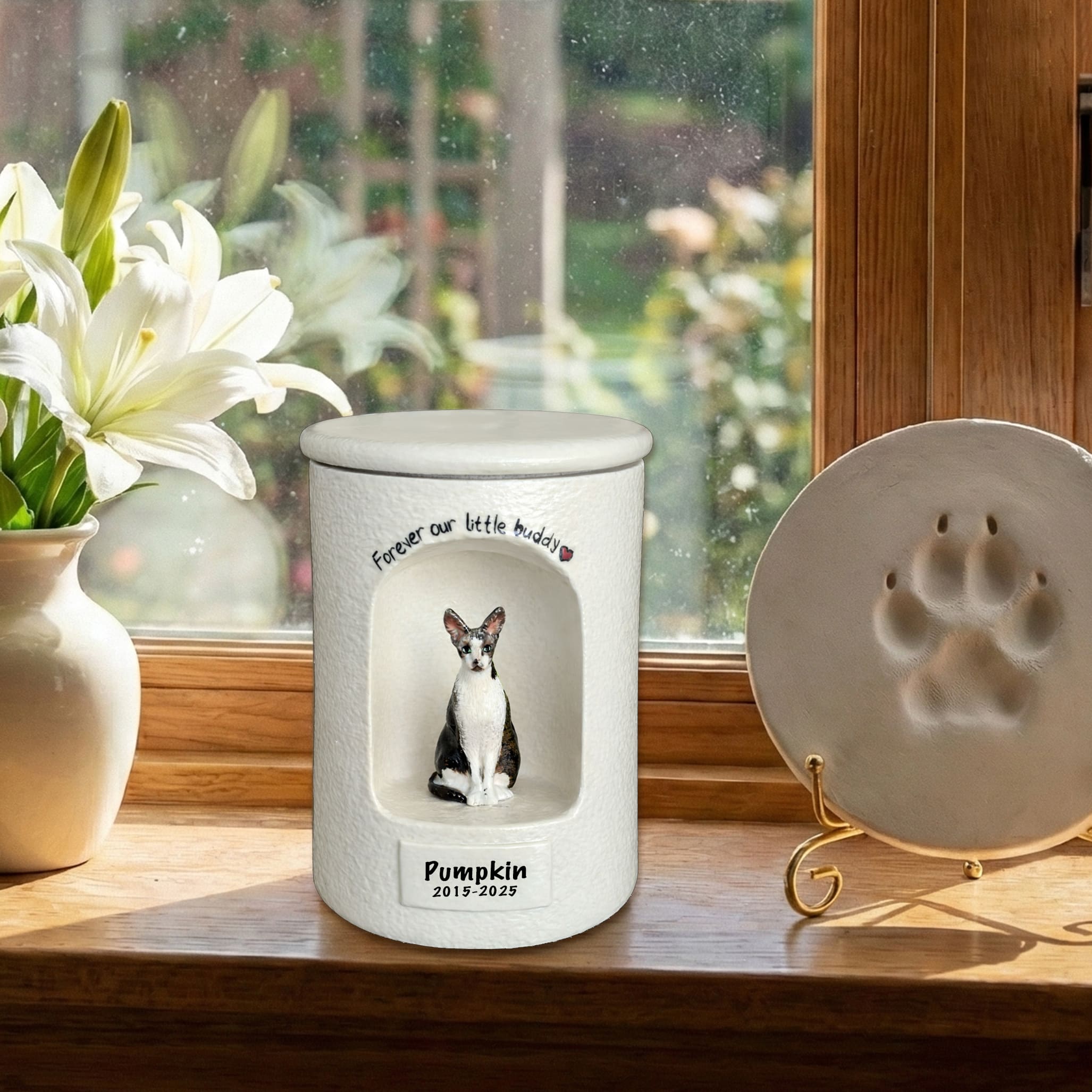 White ceramic cat urn with sculpted dog? pawprint lid dish and engraved date on front