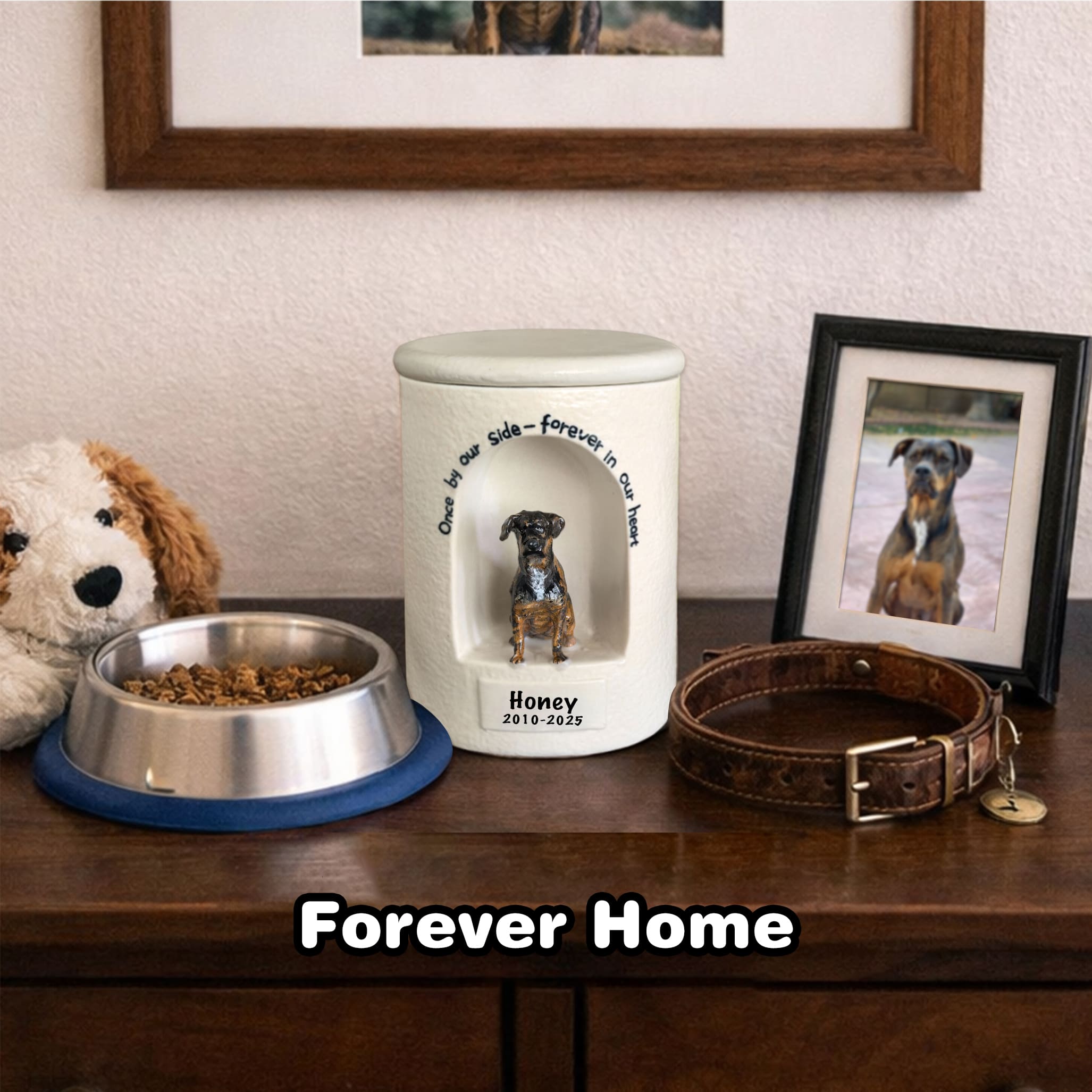 White ceramic dog urn with lid and small dog figurine with engraved name and dates