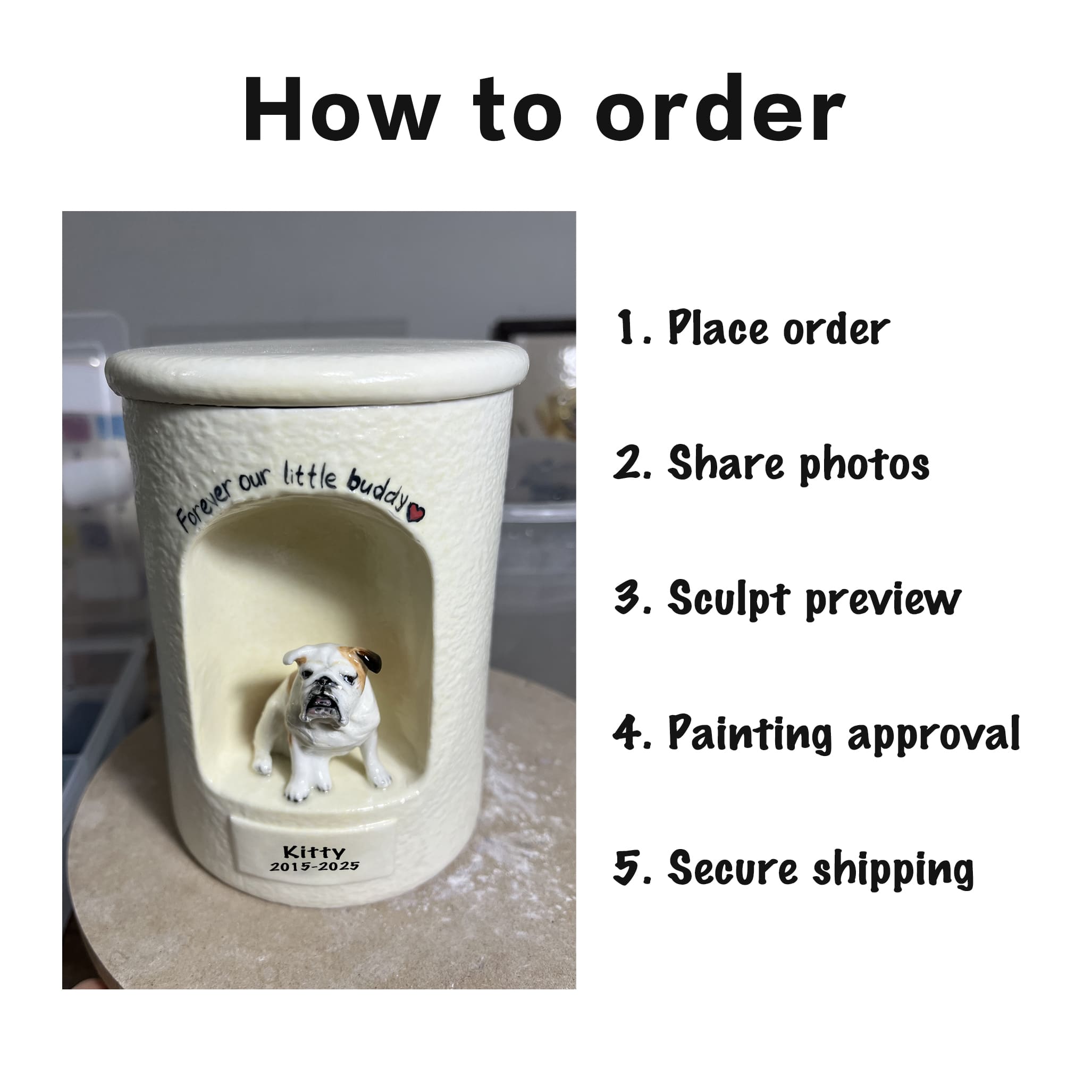 White ceramic dog urn with dog figurine portrait window
