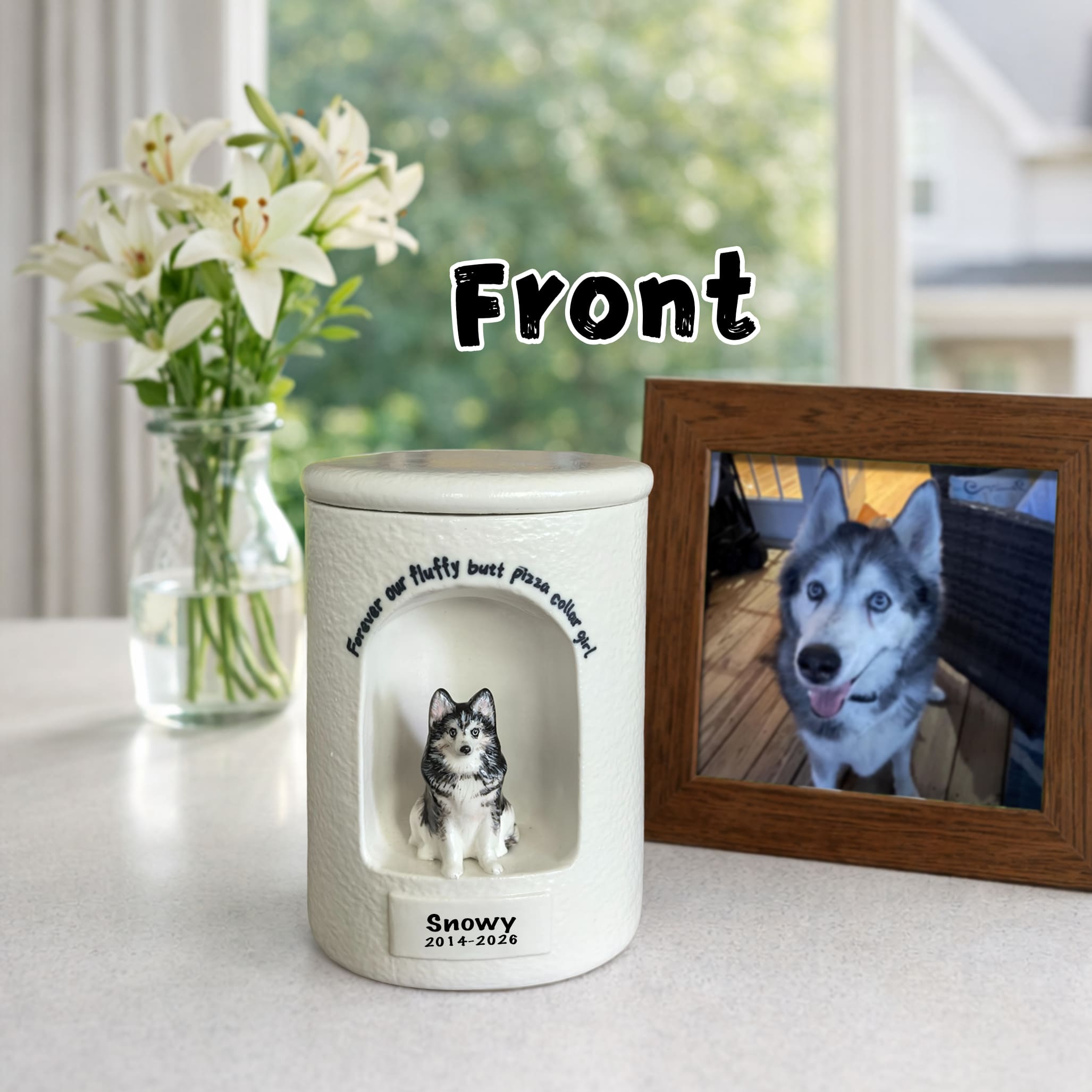 Ceramic dog urn with front dog figurine relief and engraved name