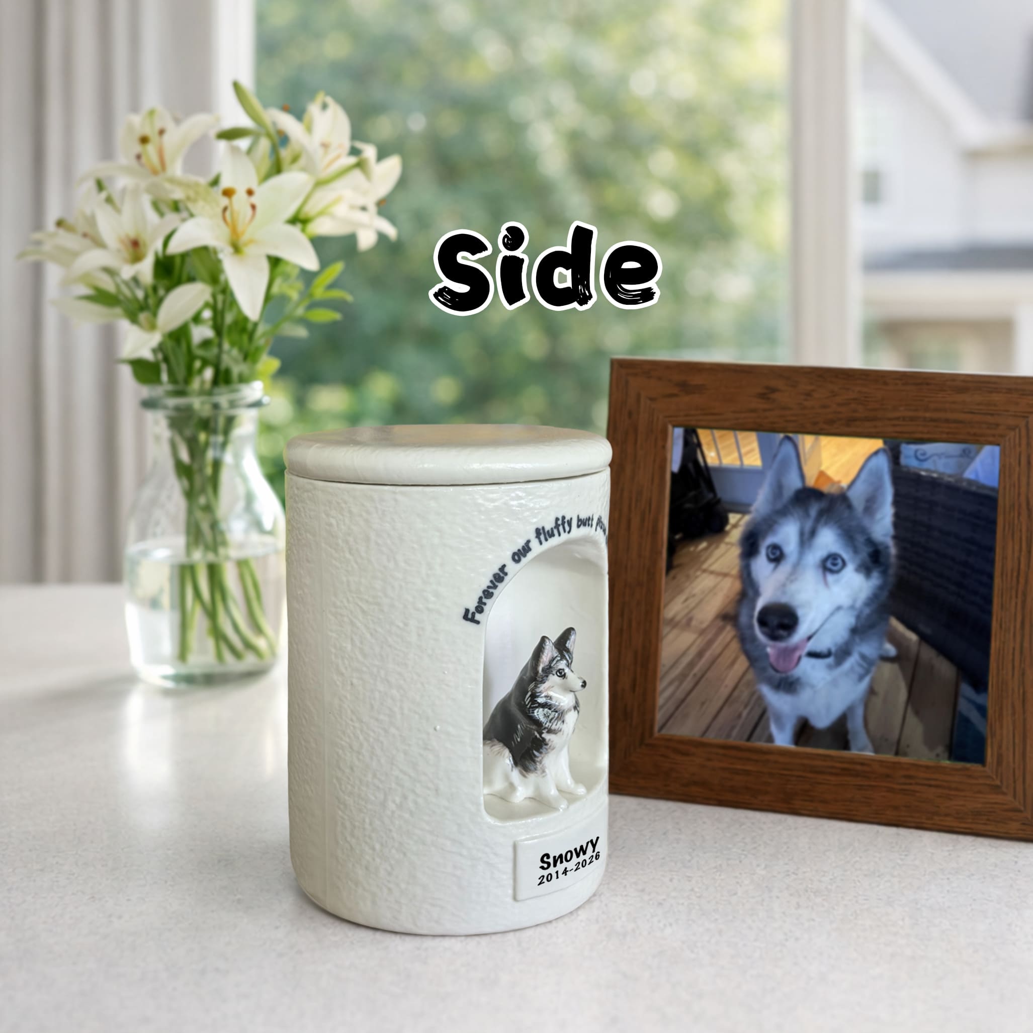 White ceramic dog urn with engraved name window and small dog figurine