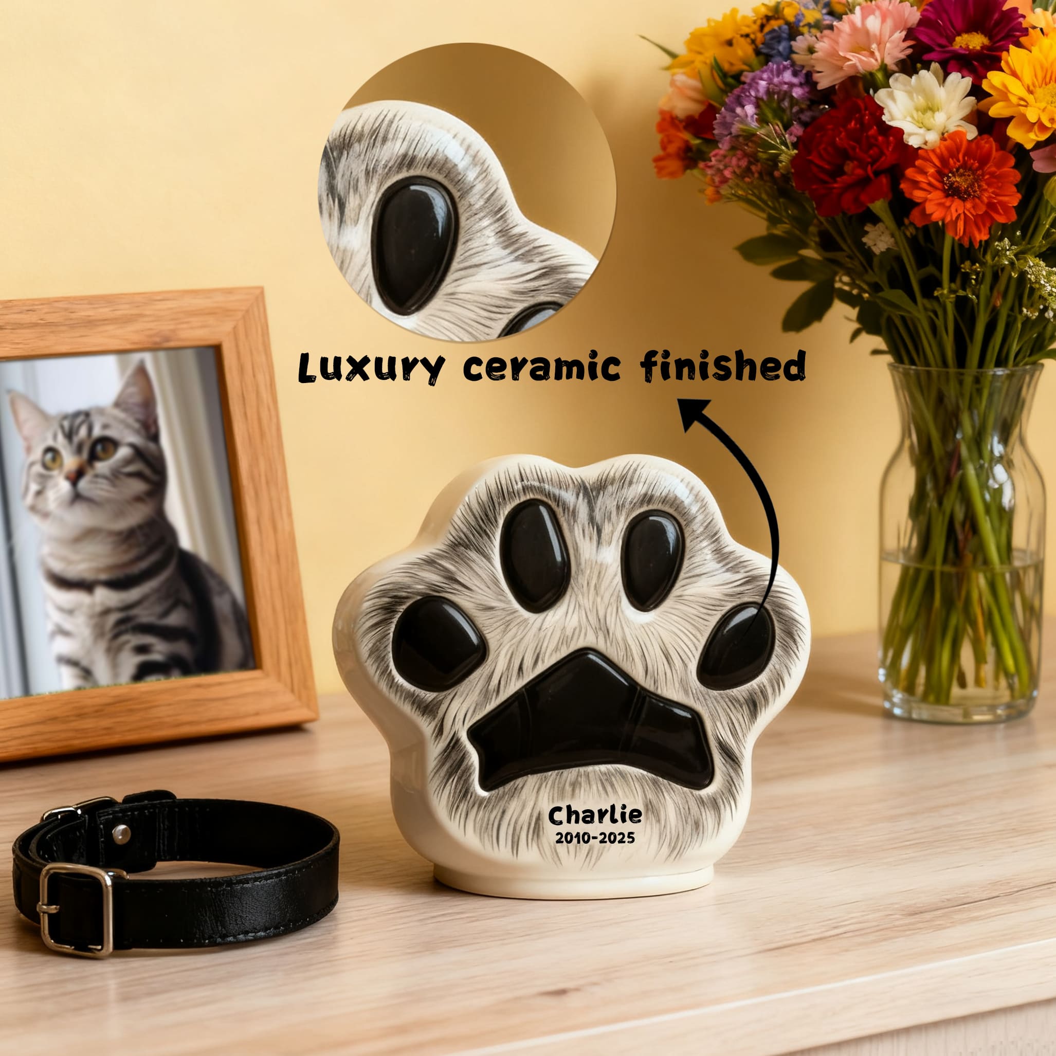 Ceramic cat urn with engraved paw print, name “Charlie” and 2010–2025 dates