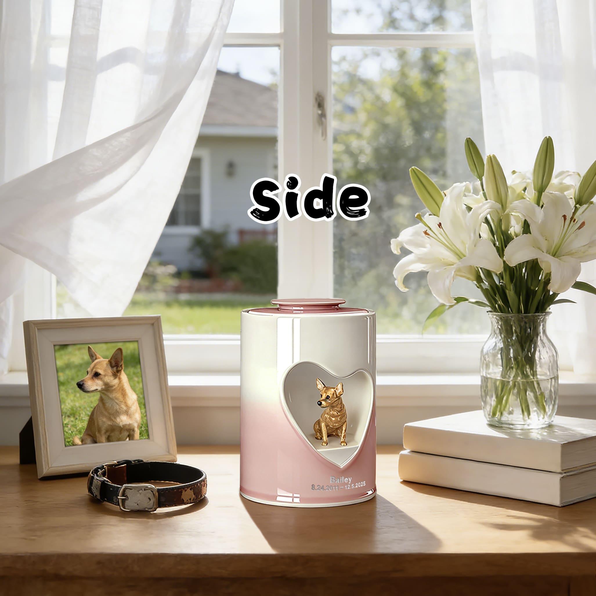 Dog cremation urn in pink and white with heart-shaped front window and dog figurine