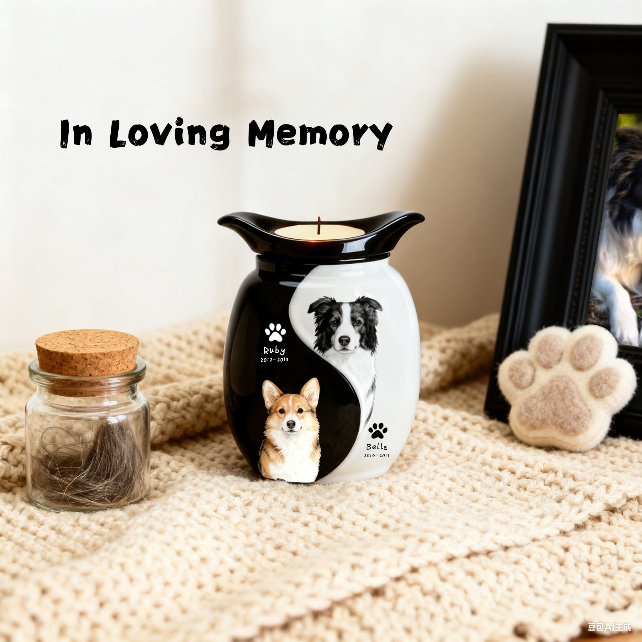 Two-pet urn candle holder with candle flame, black-and-white ceramic and dog/cat portraits