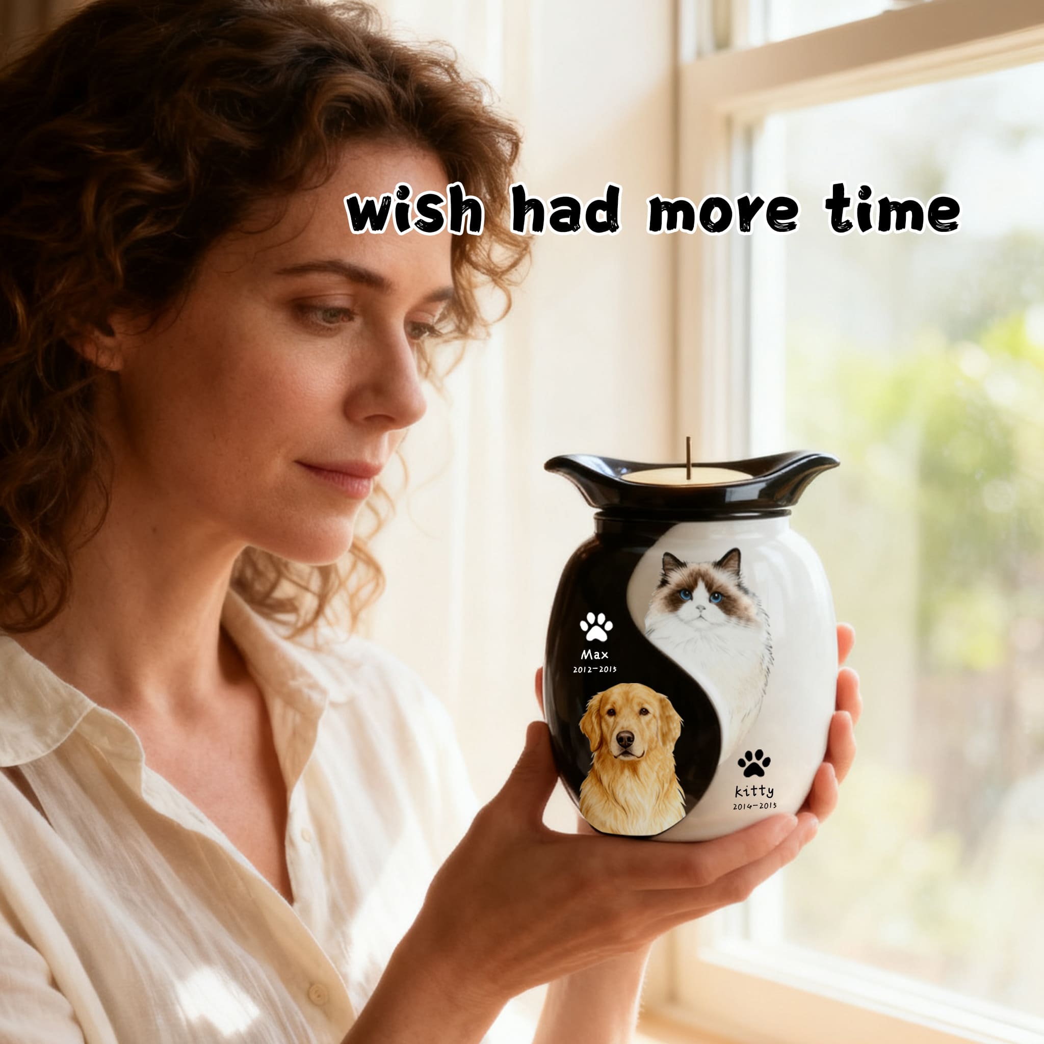 Two-pet urn candle holder ceramic with cat and dog photo faces, black and white