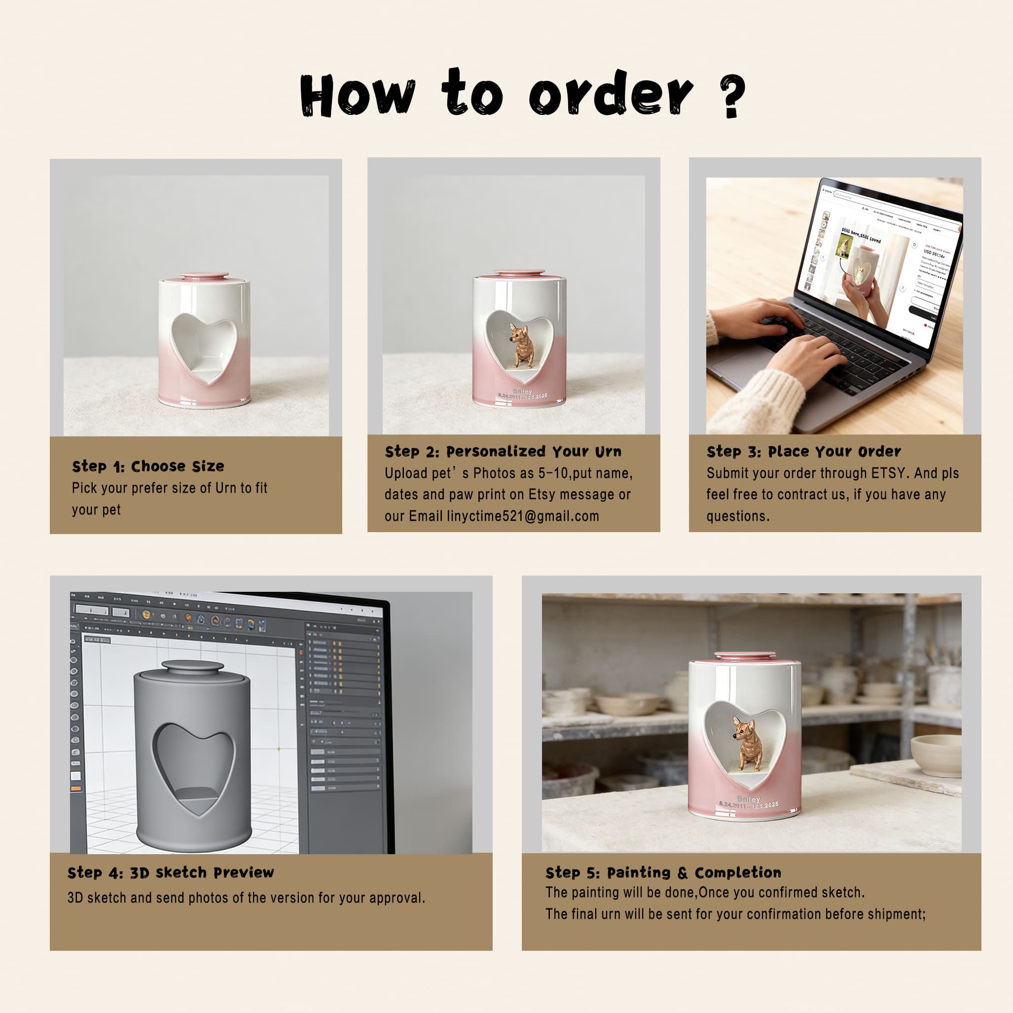 Pink-and-white heart dog urn on display; instructional step graphic surrounding
