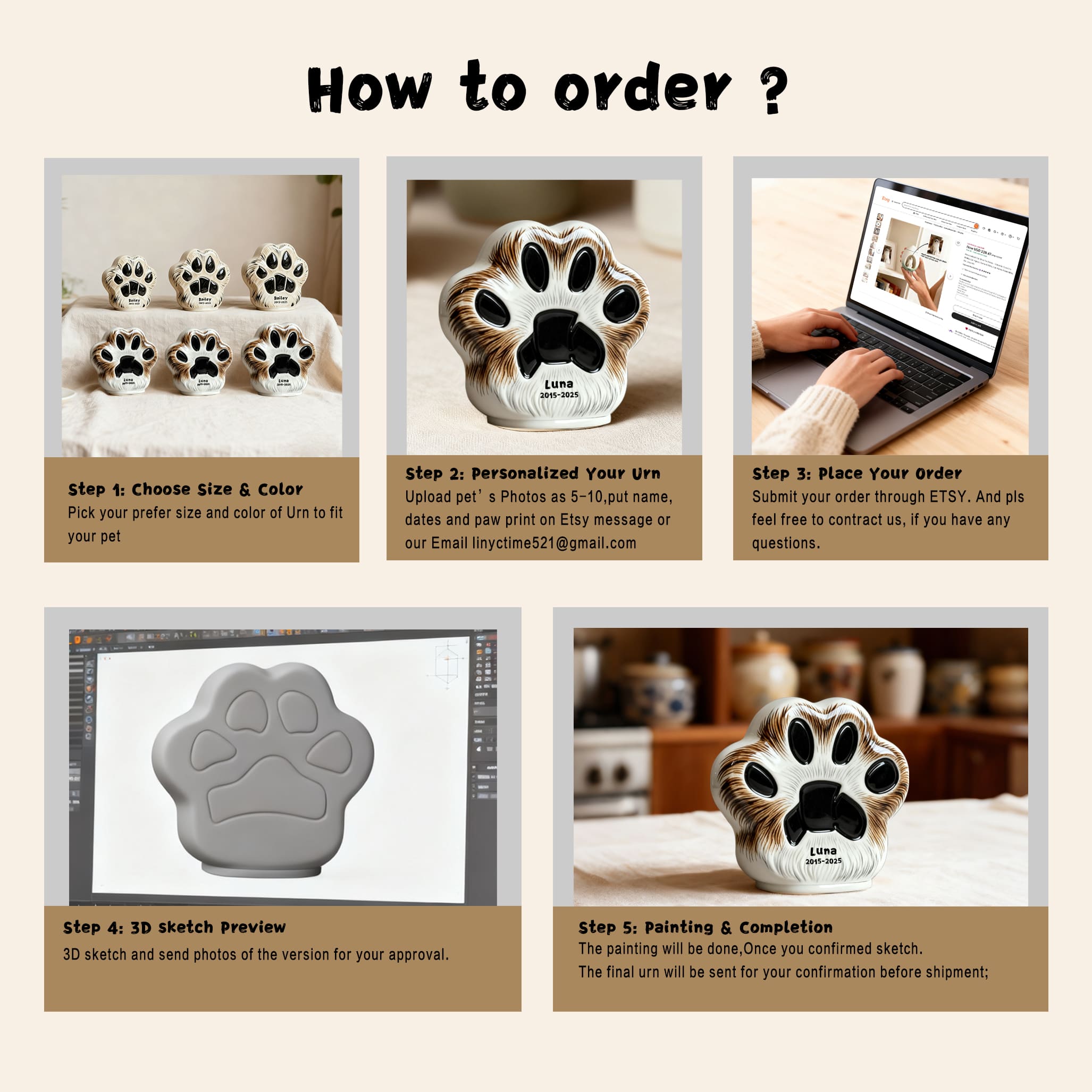 How-to graphic for personalized cat urn: choose size/color and submit name-date for engraving