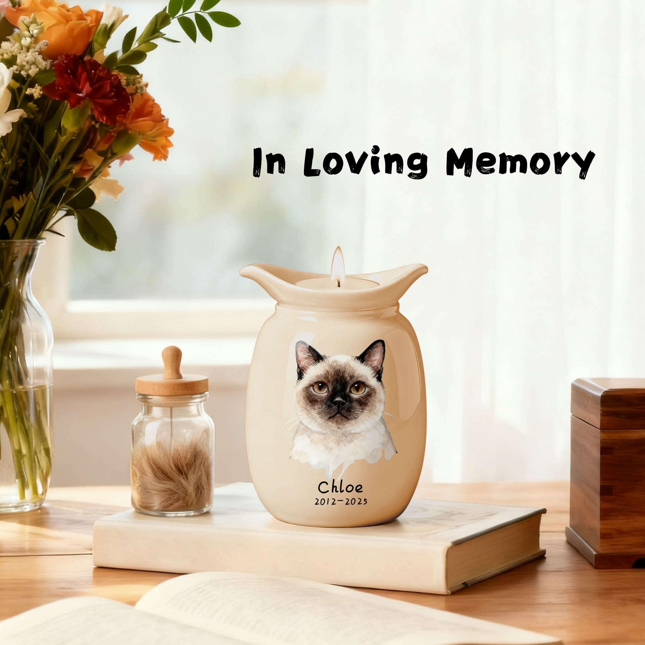 Personalized birman cat pet urn chloe in loving memory wooden desk