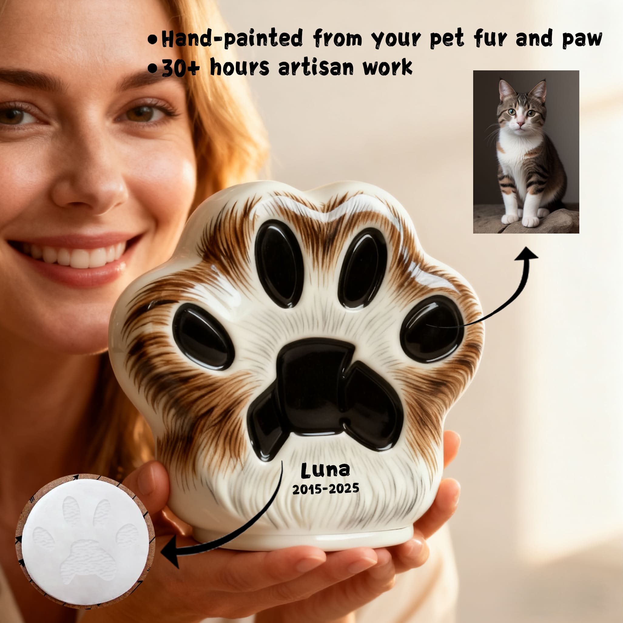 Close-up personalized cat urn held in hands, engraved paw print with name and dates