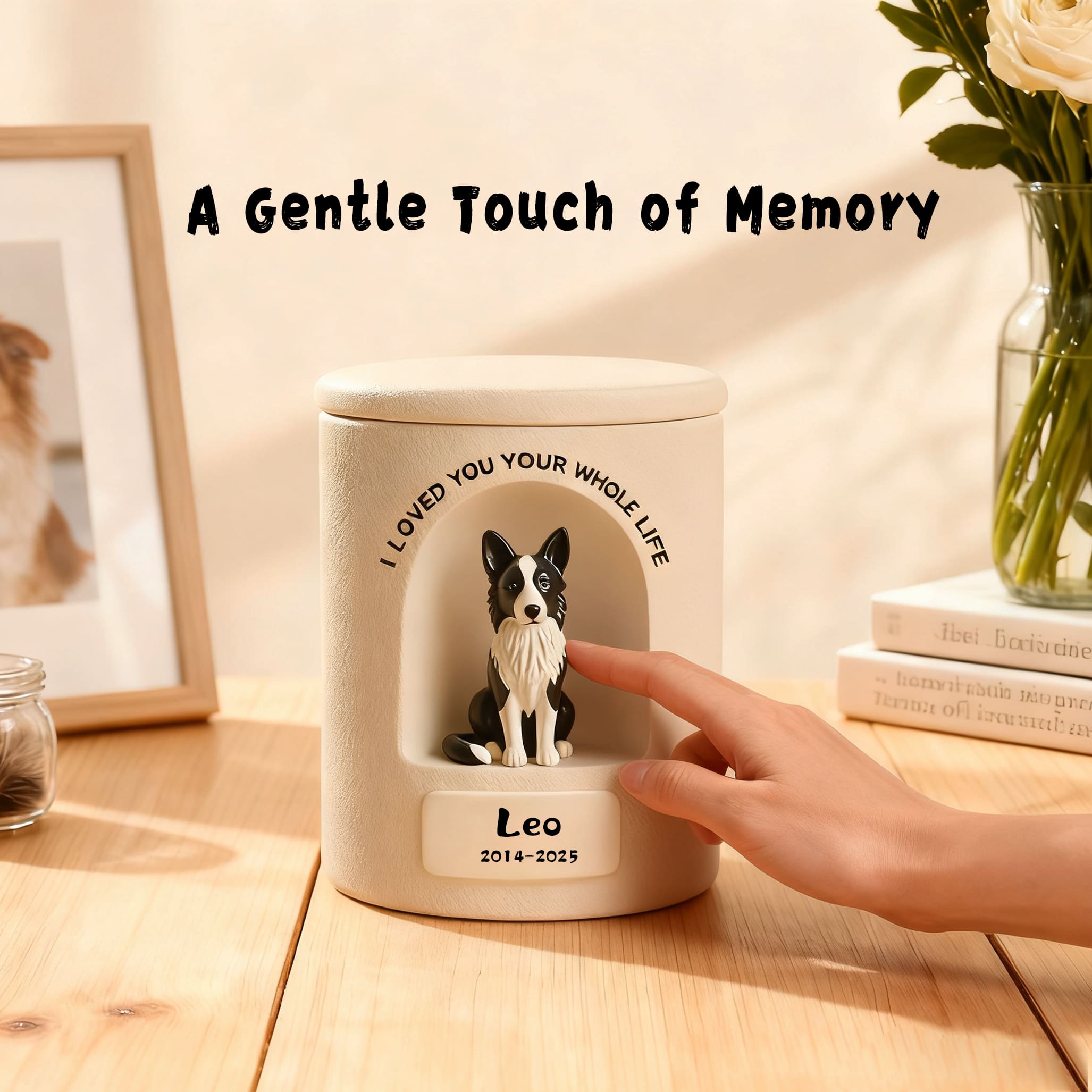 Personalized Dog Urn - Ceramic Pet Portrait Figurine with Name & Date, Border Collie Leo Gentle Touch of Memory