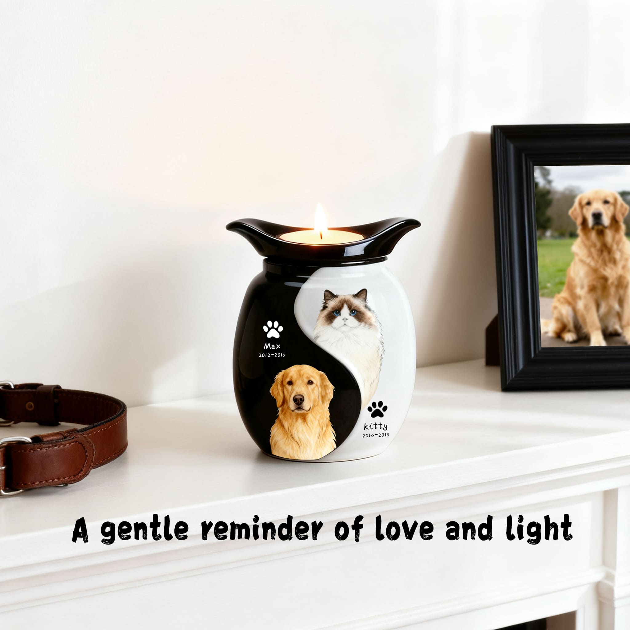 Personalized pet urn candle holder with candle flame, two pet portraits in oval photo