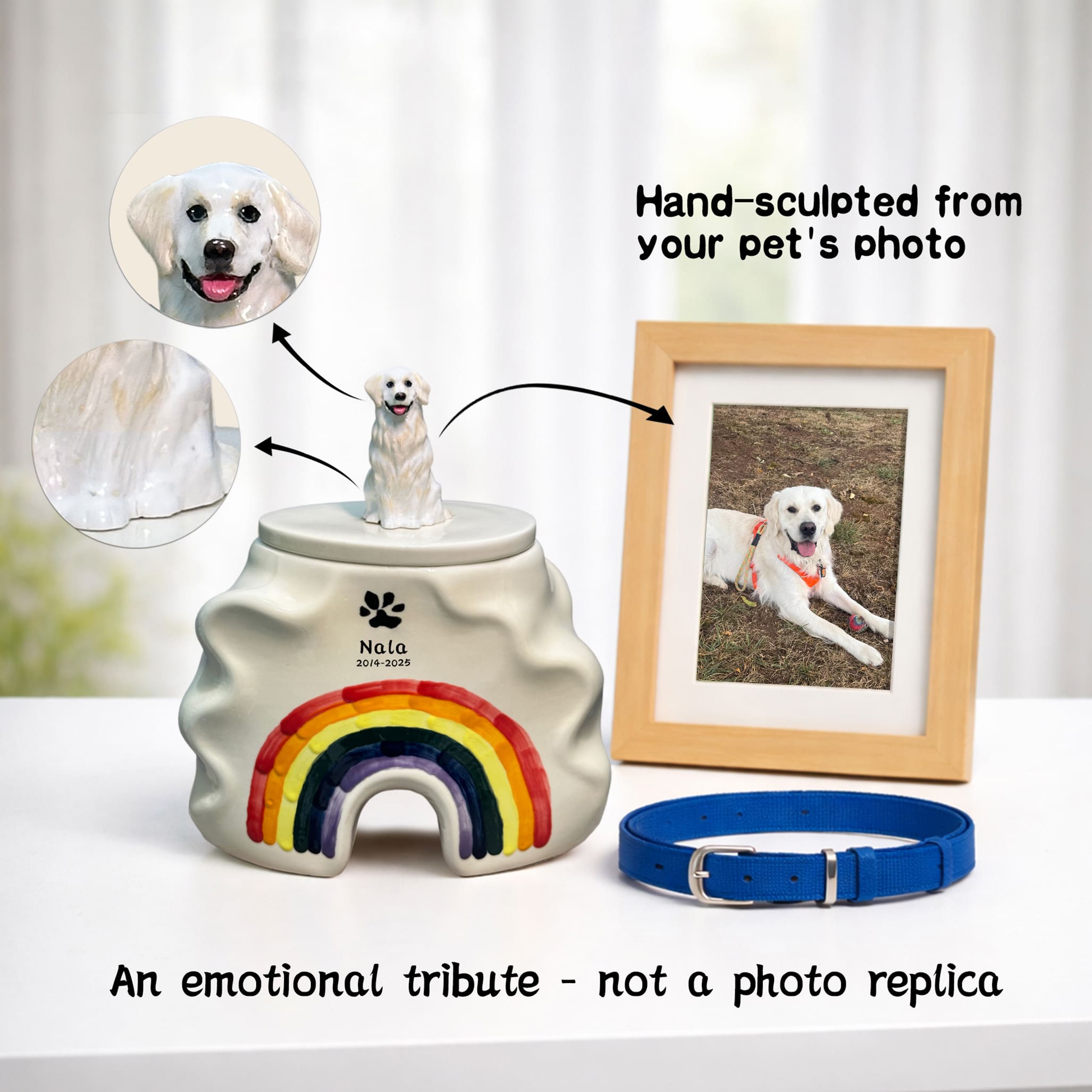 Custom rainbow bridge urn nala golden retriever lifelike portrait – ceramic dog urn