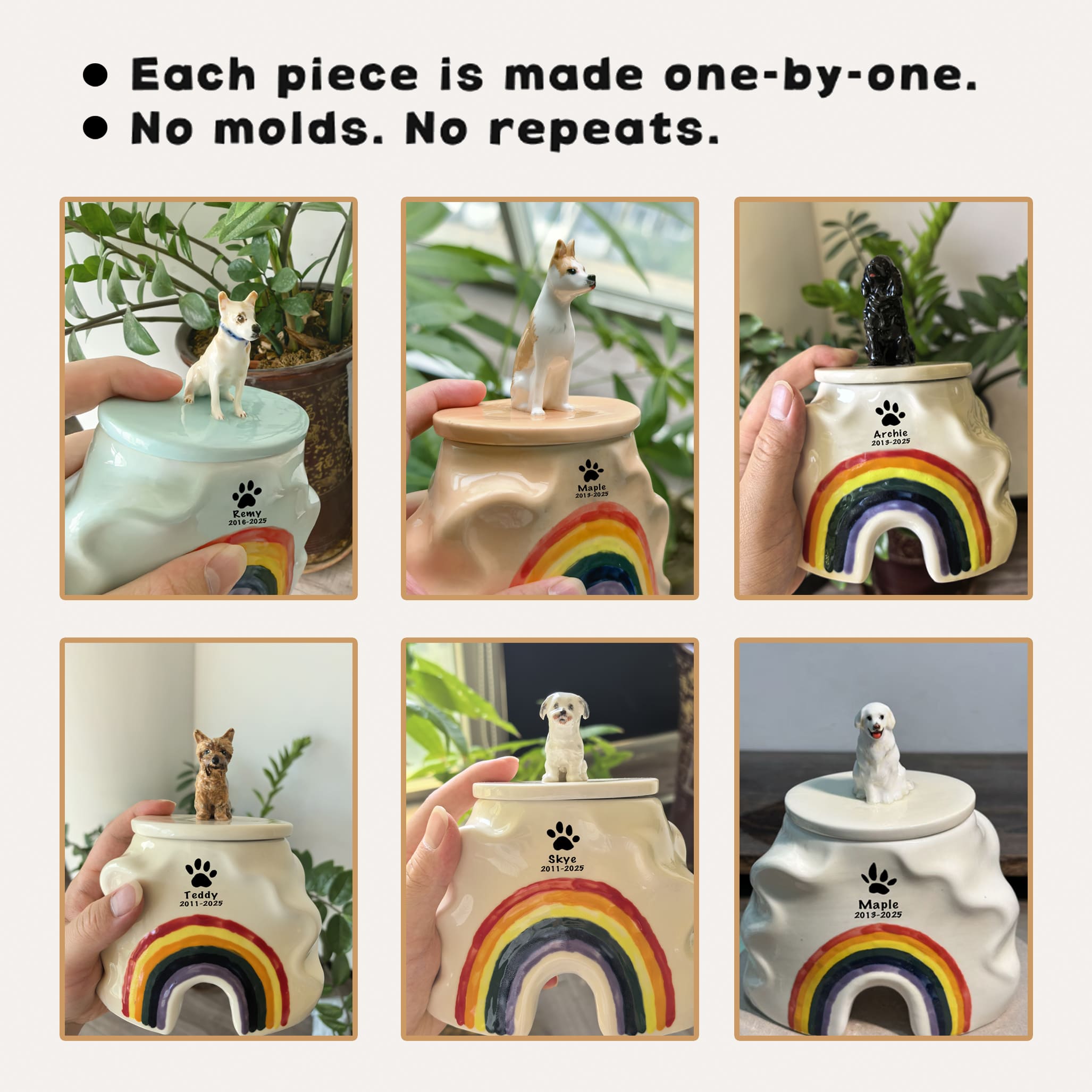 Personalized ceramic dog memorial urns with rainbow bridge design shown with different dog figurines