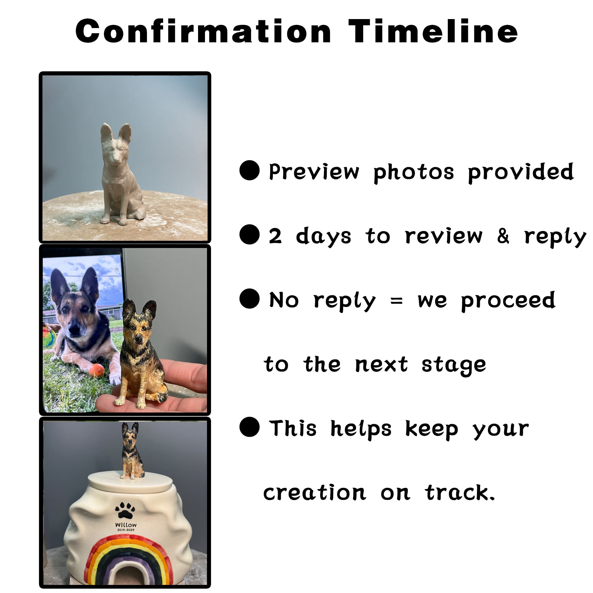 Ceramic dog urn with rainbow arch design and seated dog on lid