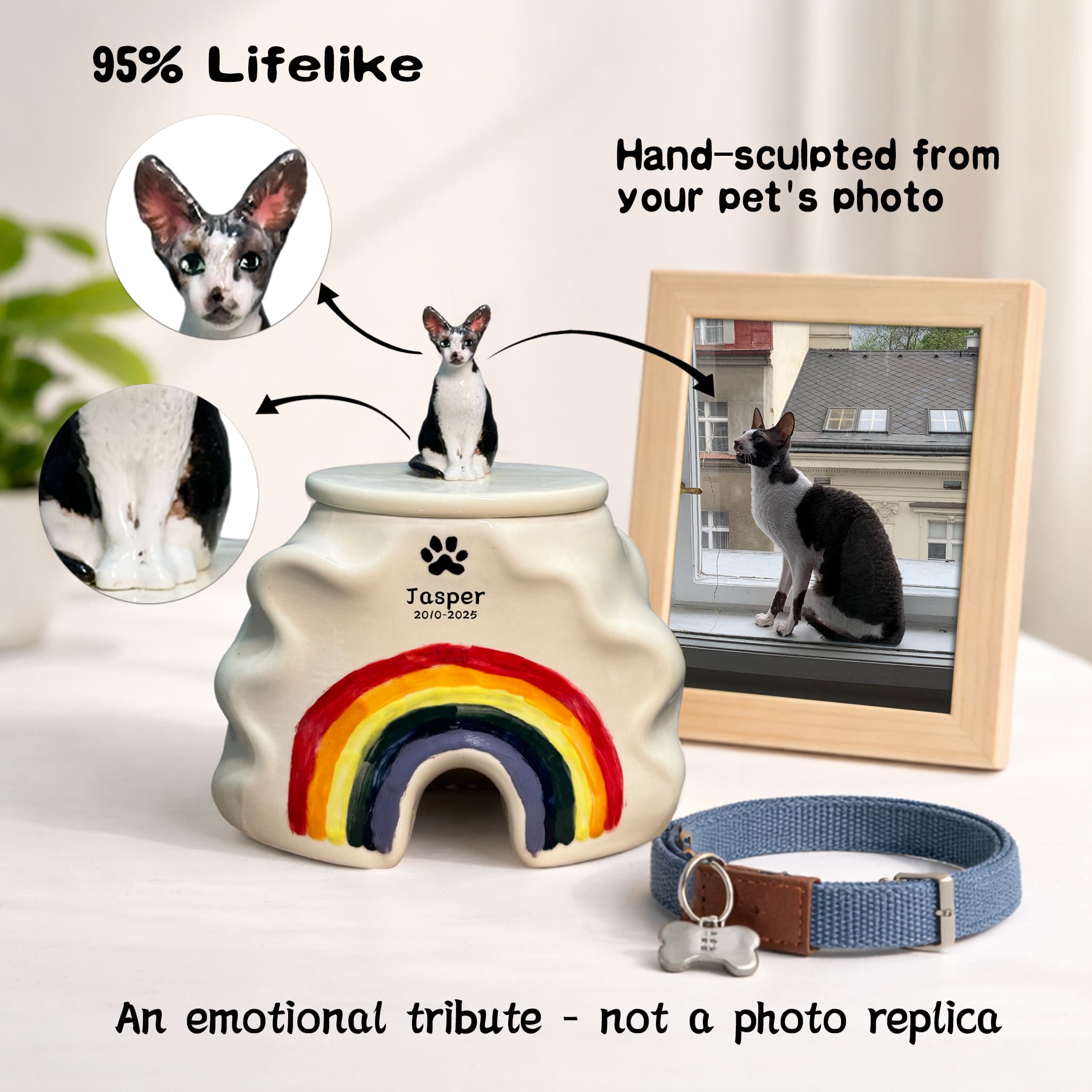 Rainbow Bridge Pet Urn – Custom Cat Urn with 95% Lifelike Hand-Sculpted Portrait, Personalized Name & Date, Emotional Tribute for Cat Mom