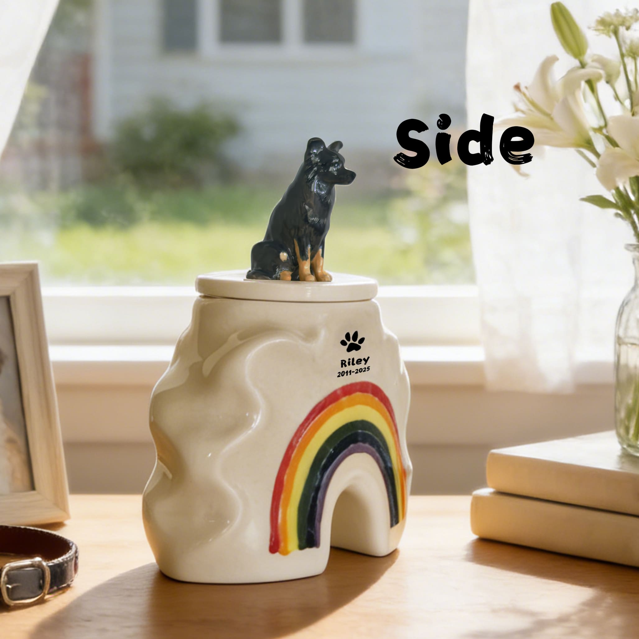 Personalized ceramic dog memorial urn in beige with rainbow bridge design and seated dog lid