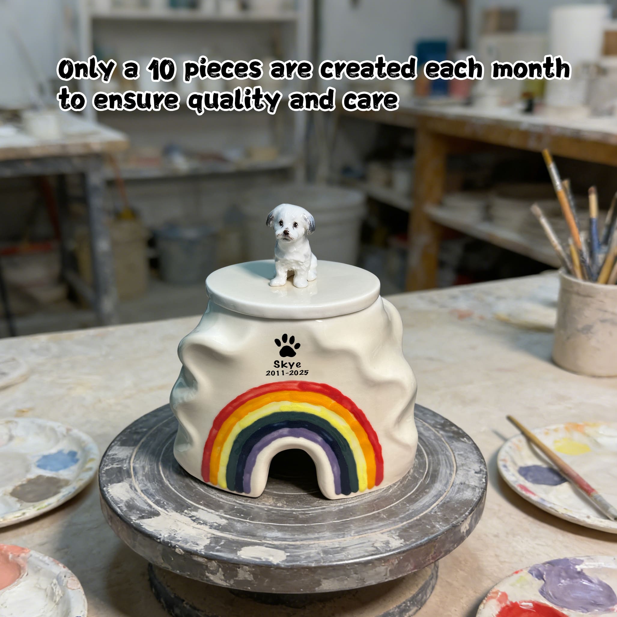 White ceramic dog pet urn with rainbow front and small dog figurine on lid