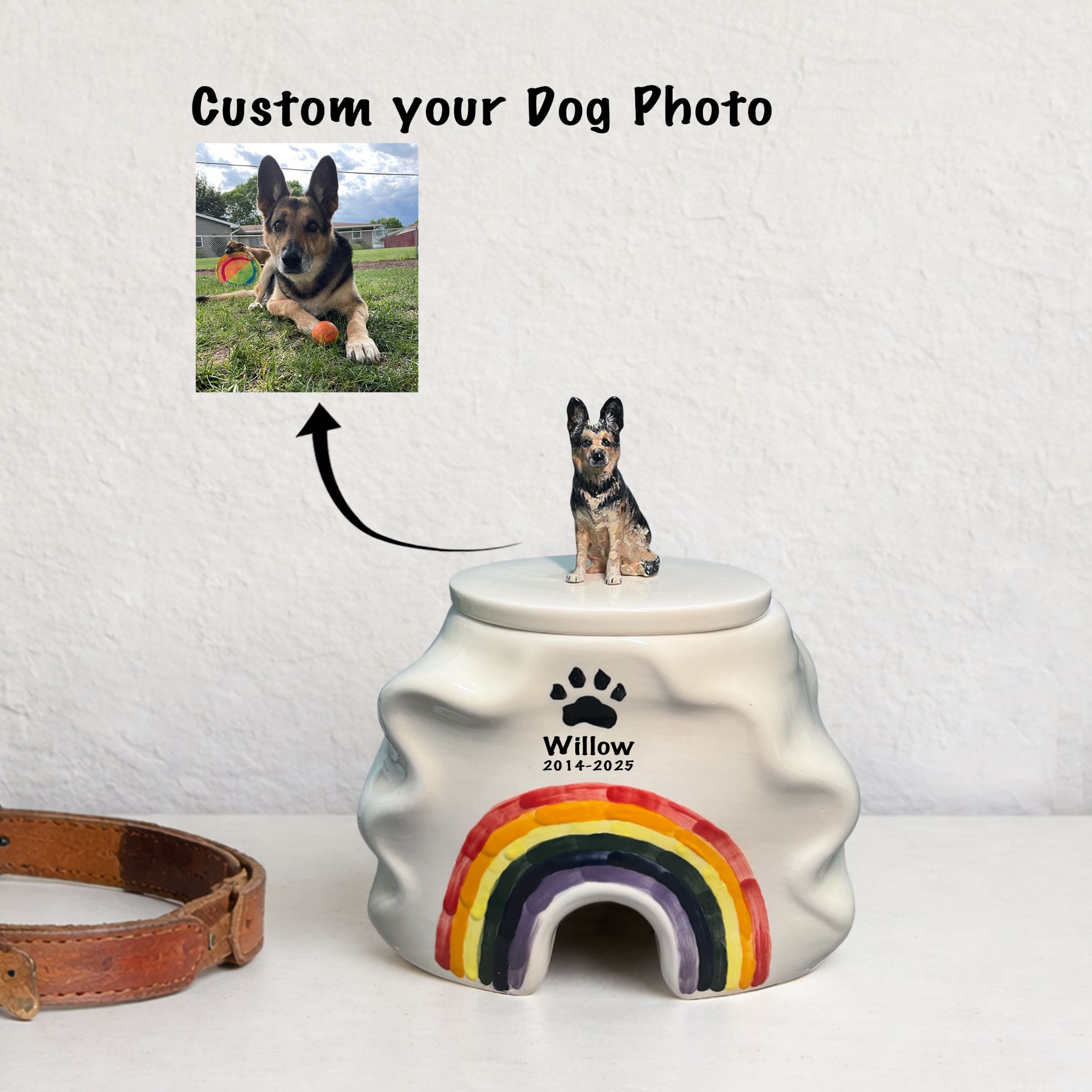 Rainbow Bridge Pet Urn – Custom Dog Urn with Hand-Sculpted Portrait, Name & Date, Memorial Gift for Dog Mom