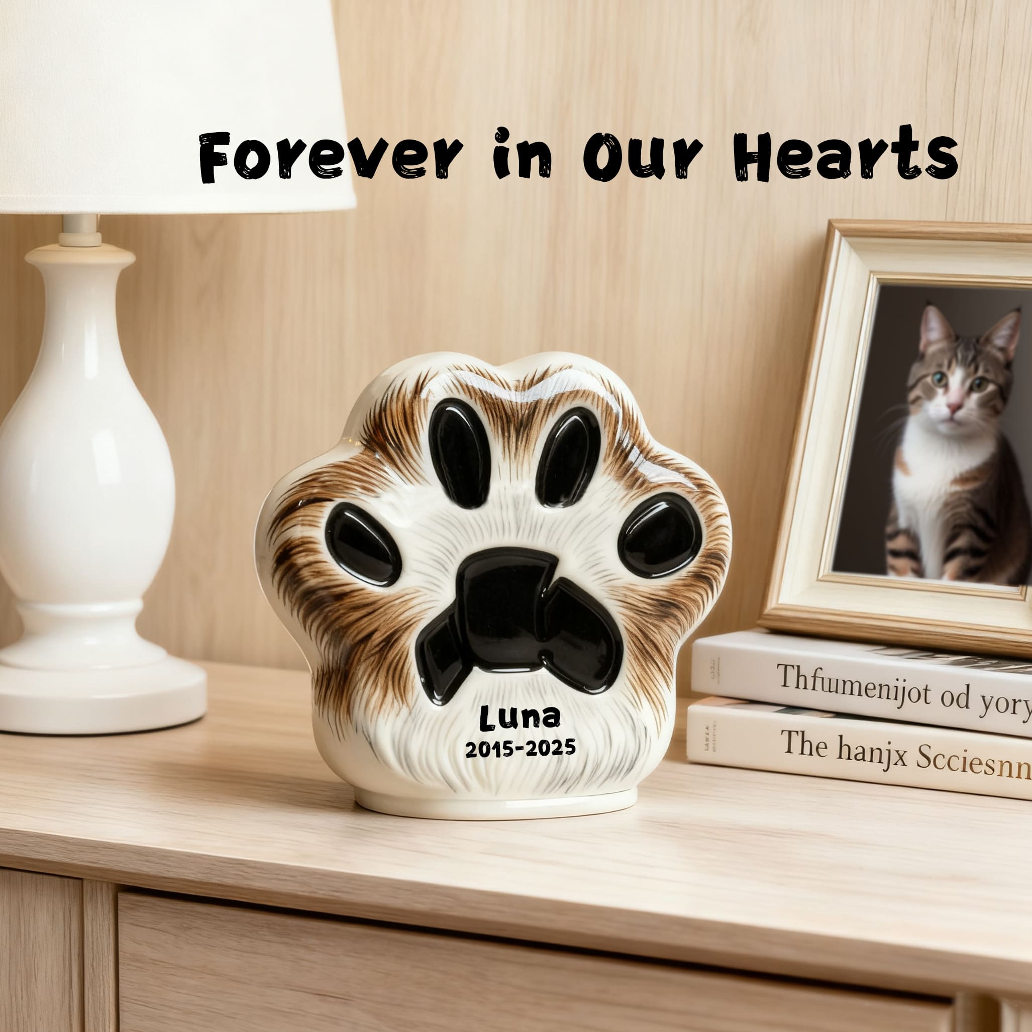 Personalized cat urn with engraved paw print, Luna name and dates, on shelf