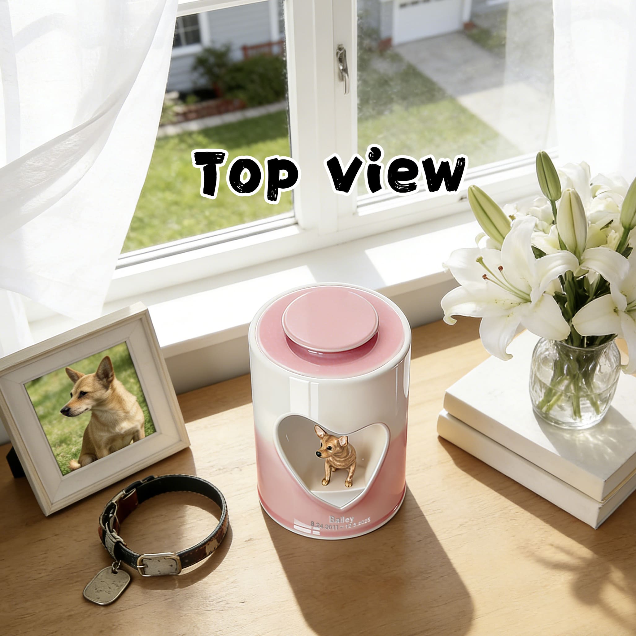 Top view of pink-and-white dog memorial urn with heart window and round matching lid