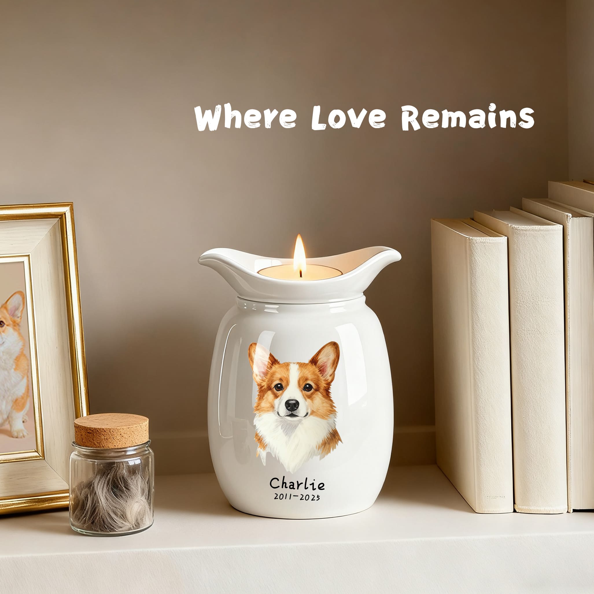 White ceramic memorial urn with candle; painted dog portrait and name Charlie