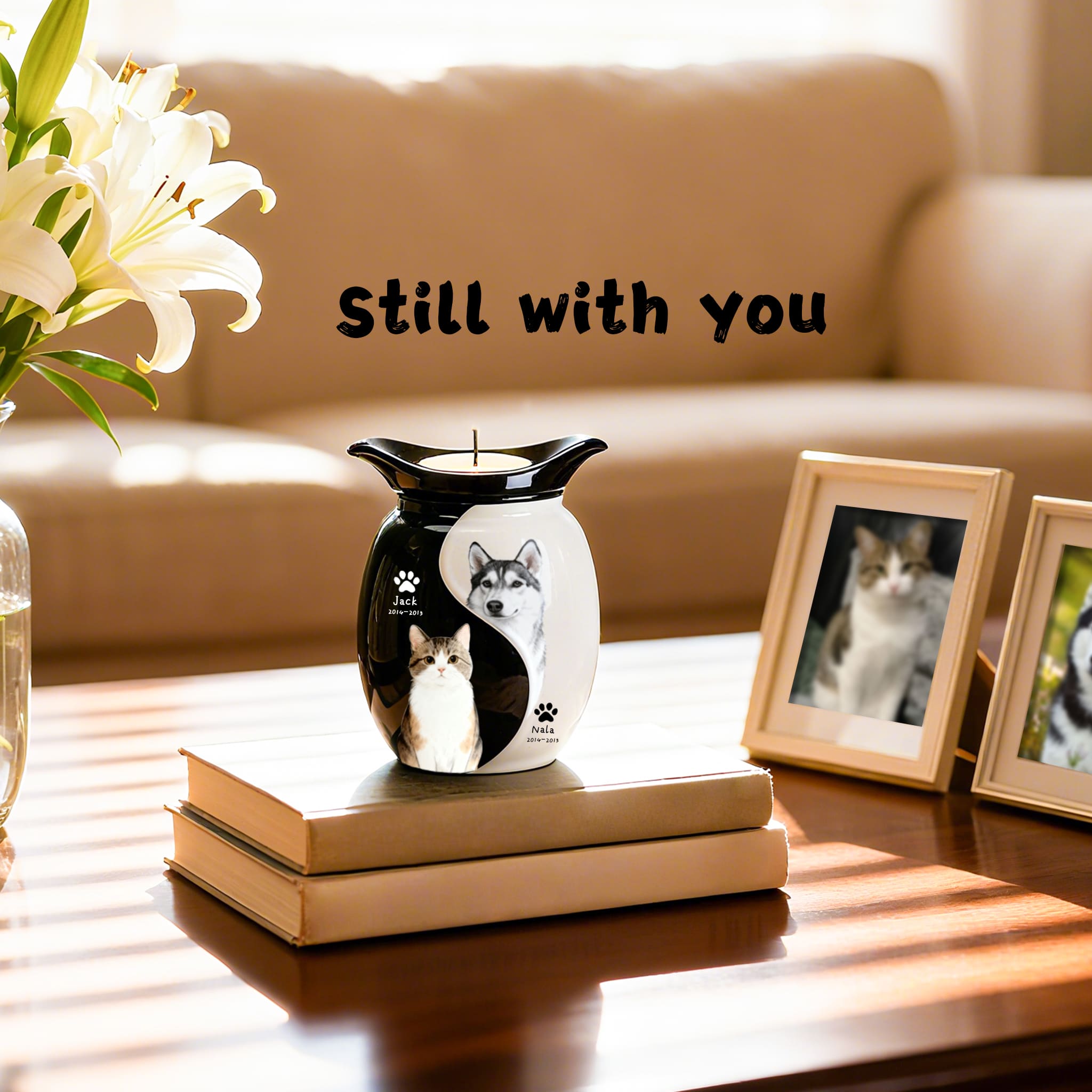 Personalized pet urn candle holder on tabletop, white-and-black ceramic with two pet portraits