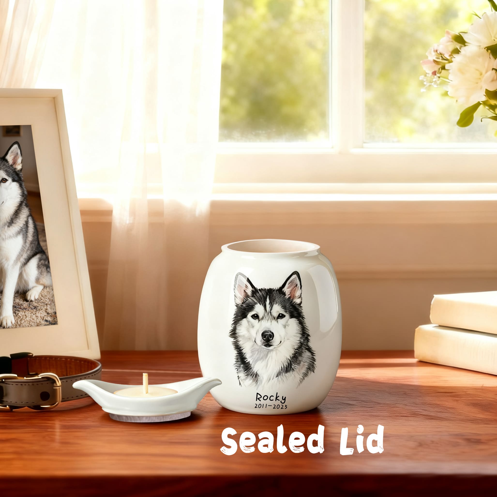 White ceramic dog urn with husky portrait and a separate small candle holder dish