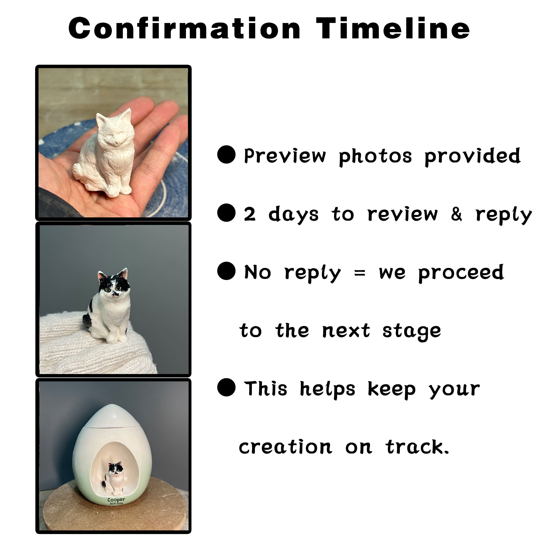Ceramic cat memorial urn with custom pet portrait, preview photo