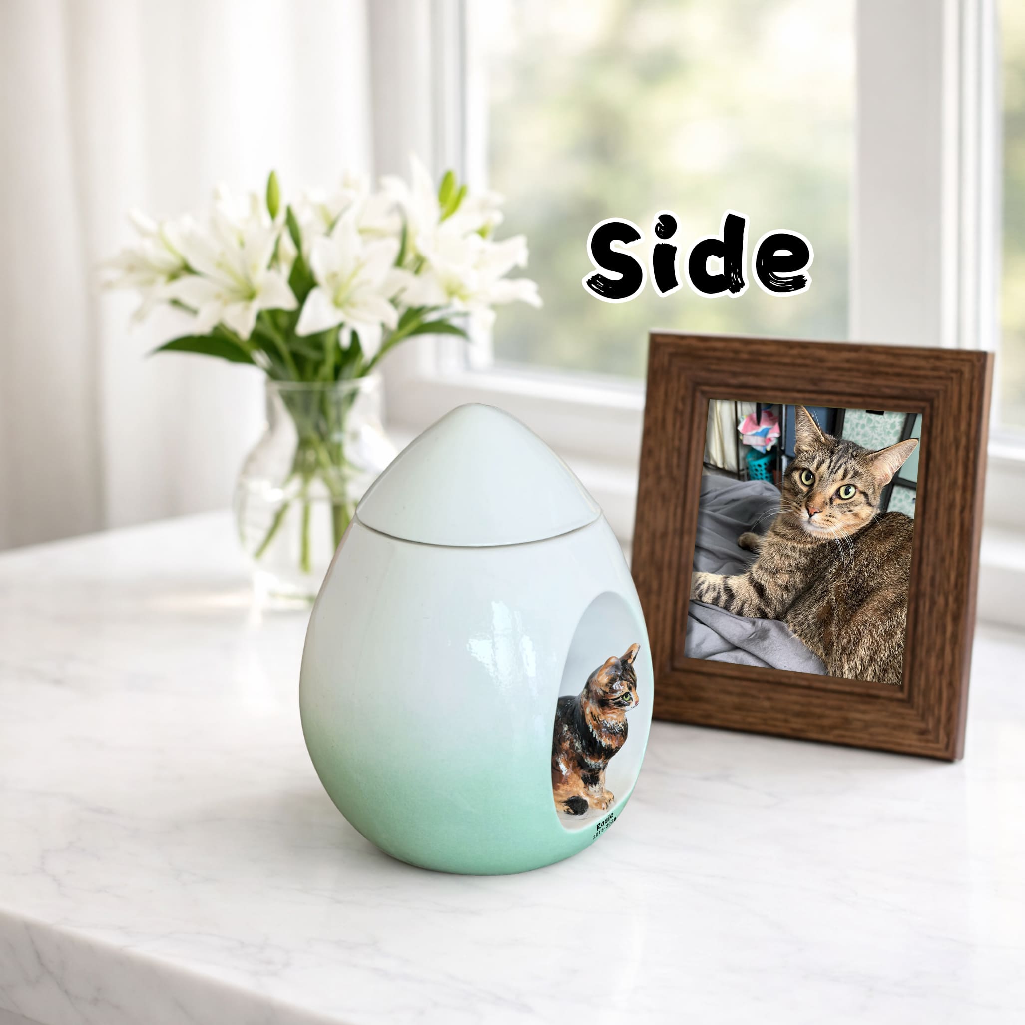 Ceramic cat memorial urn, side view with custom pet photo portrait